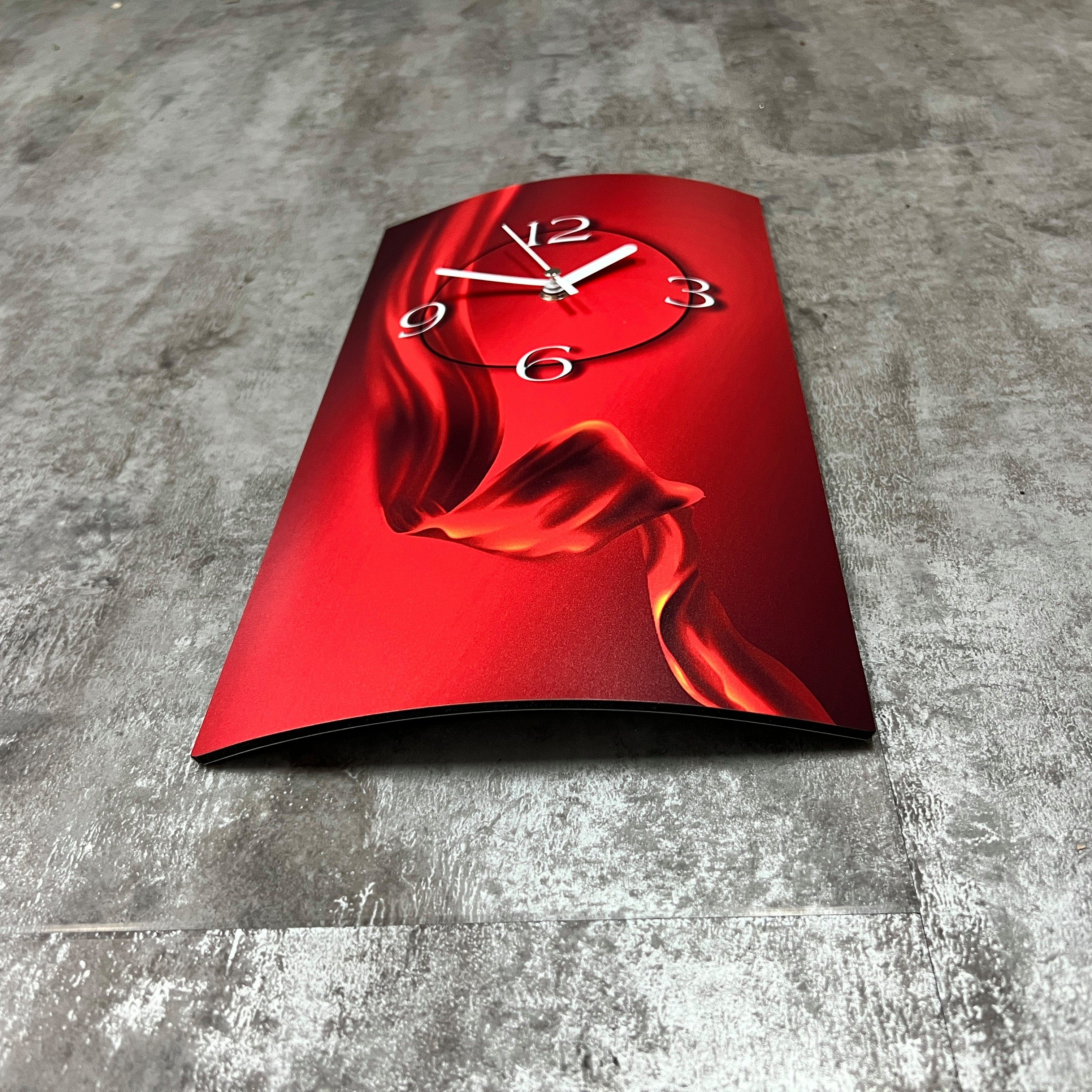 3D-Optik dixtime rot Wanduhr 4mm Designer Alu-Dibond) Wanduhr aus modernes Seide Wanduhren Abstrakt (Einzigartige Design hochkant
