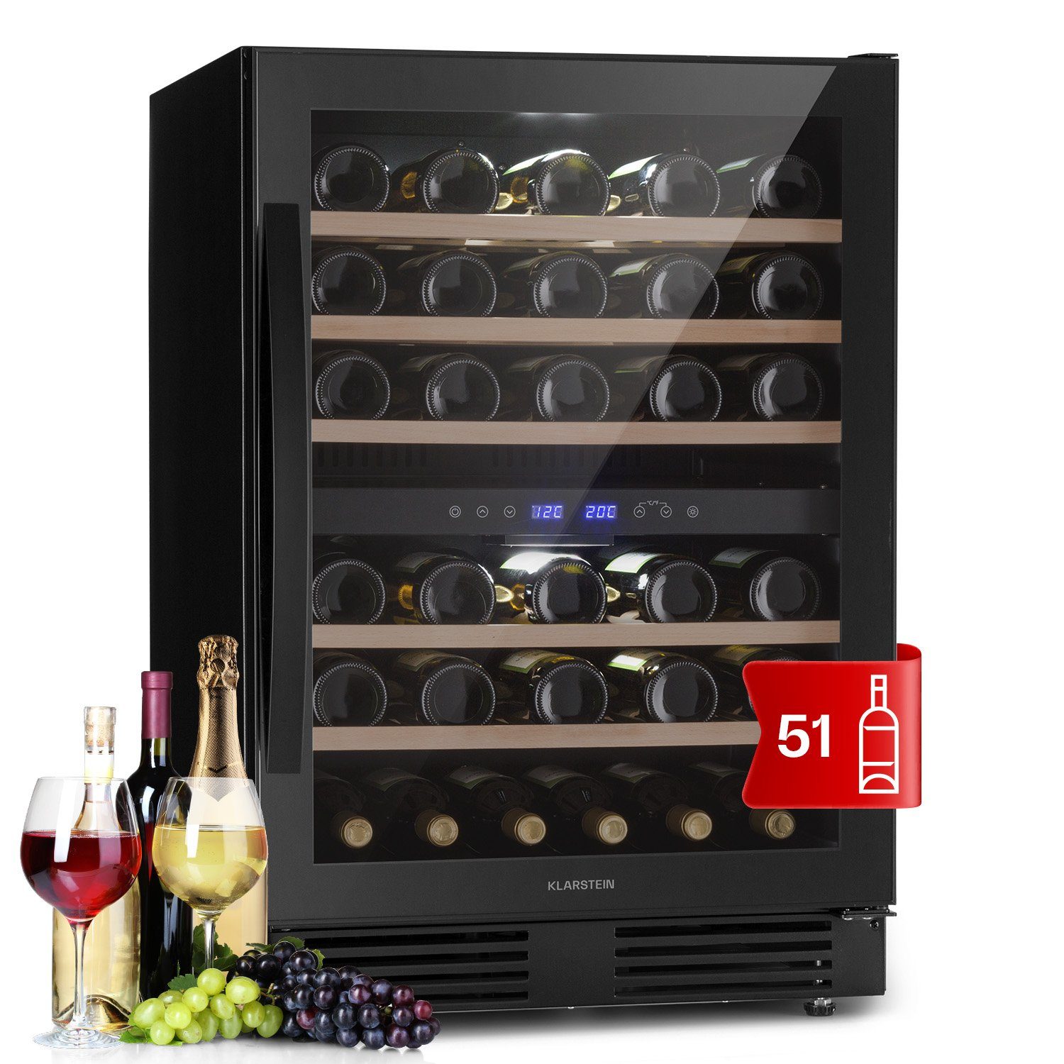 Klarstein Weinkühlschrank Vinovilla 50 duo, Schwarz Kühlschrank Standardflaschen Weinschrank á 0,75l,Wein Flaschenkühlschrank Schwarz 51 für Weintemperierschrank 