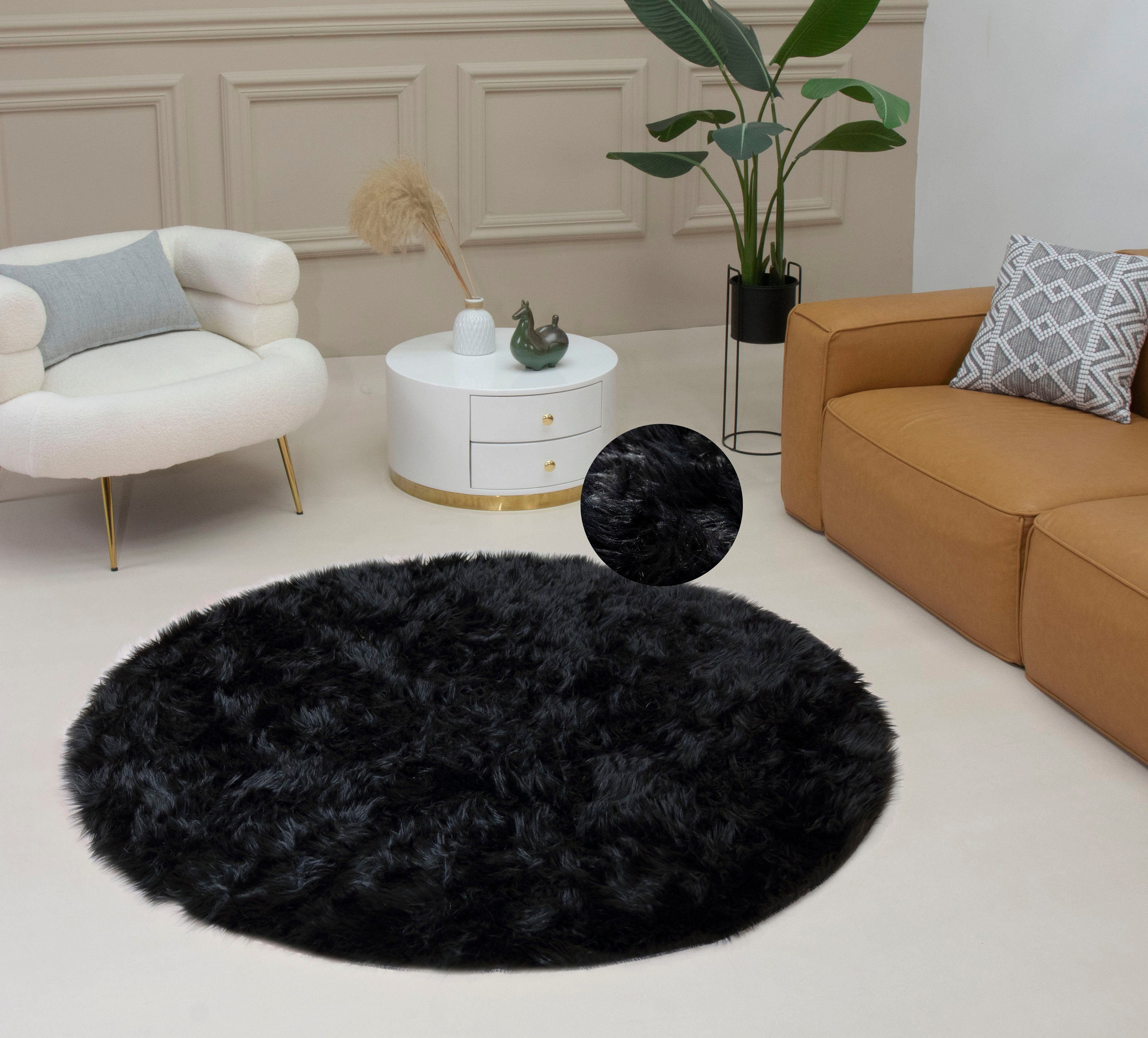 my home Fellteppich Dena, Hochflor Teppiche, rund, Höhe: 60 mm, Kunstfell, weich, Uni-Farben, Wohnzimmer, Schlafzimmer, Esszimmer