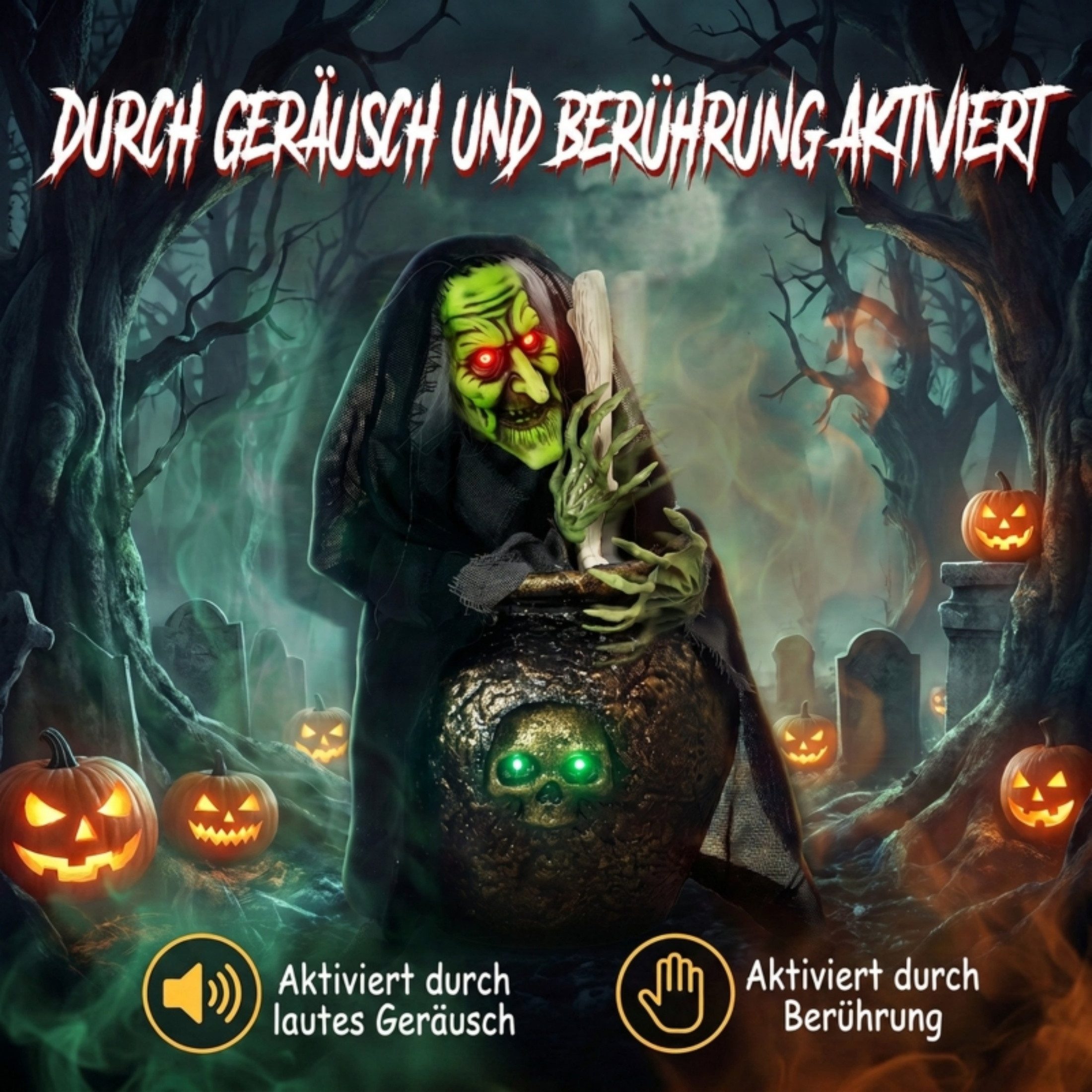 Blossom LED Dekoobjekt Animierte Halloween-Hexe mit Kessel, Rührbewegung LED, Soundeffekten, Touch- und Geräuschaktivierung, kabellos, 47 cm, Tischdekoration – Bild 4 von 5