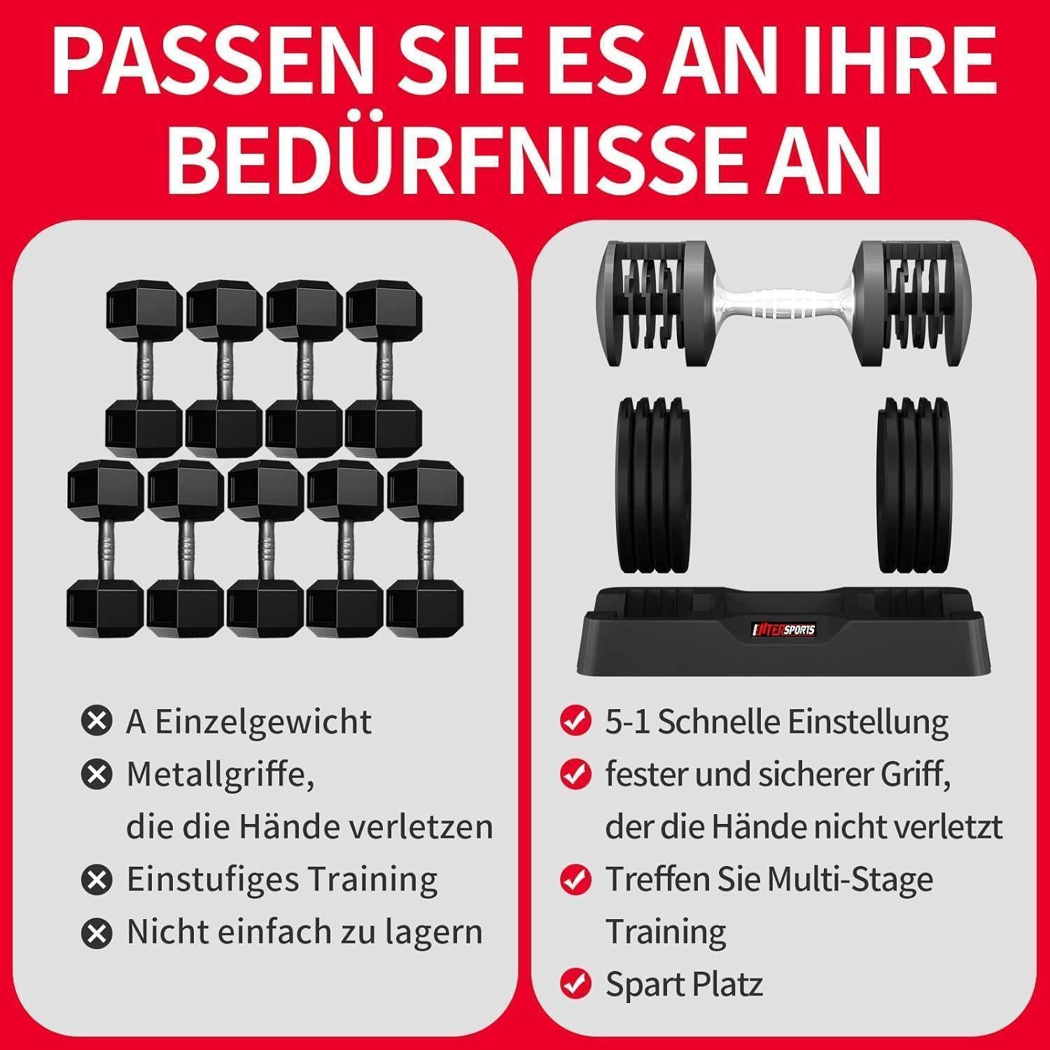 EnterSports Kurzhantel Verstellbare Hanteln 12kg/18kg 5 Gewichtsstufen rutschfester Griff