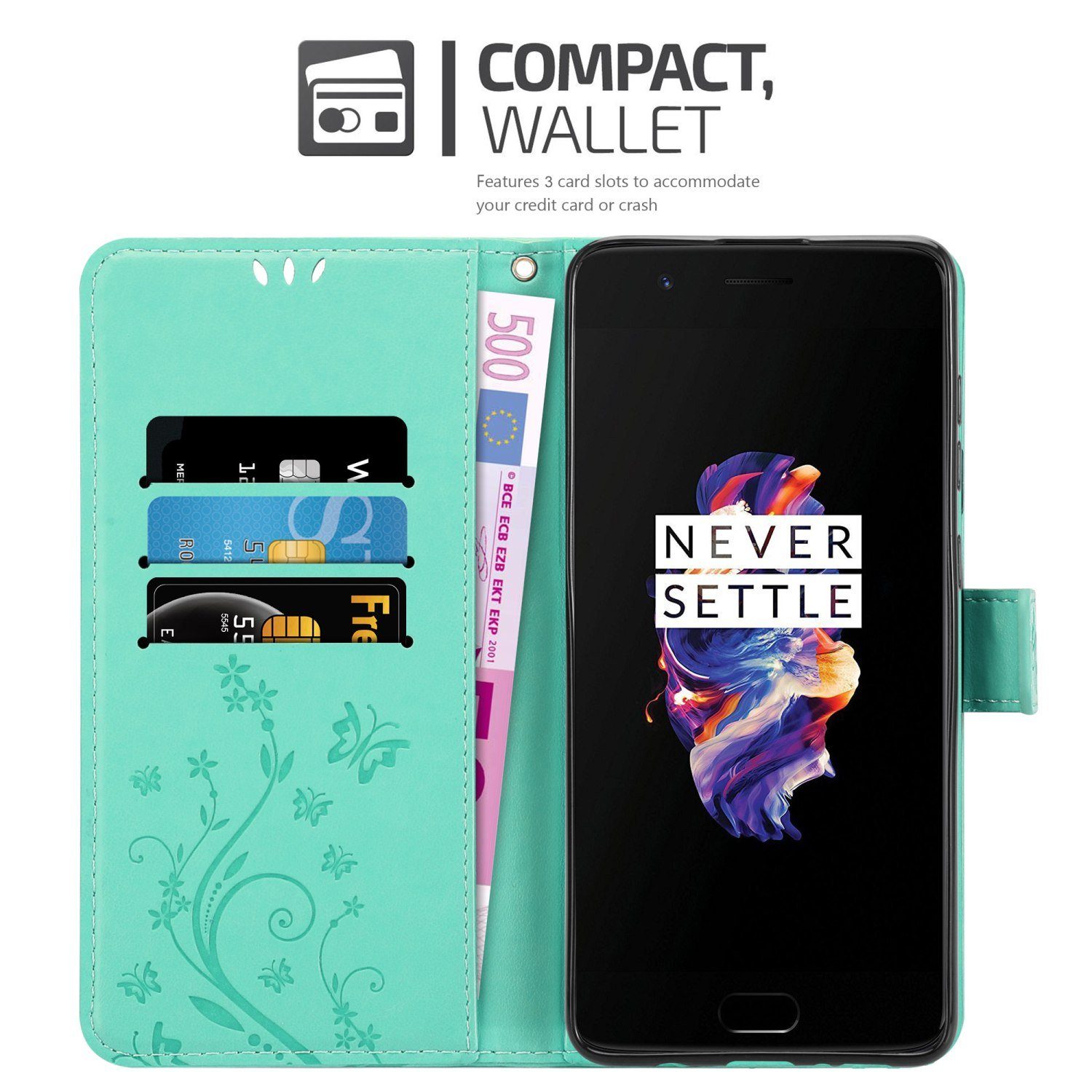Cadorabo Handyhülle für OnePlus 5 Hülle OnePlus 5, Hülle Schutzhülle Blumen Flower mit Standfunktion Kartenfach Magnet