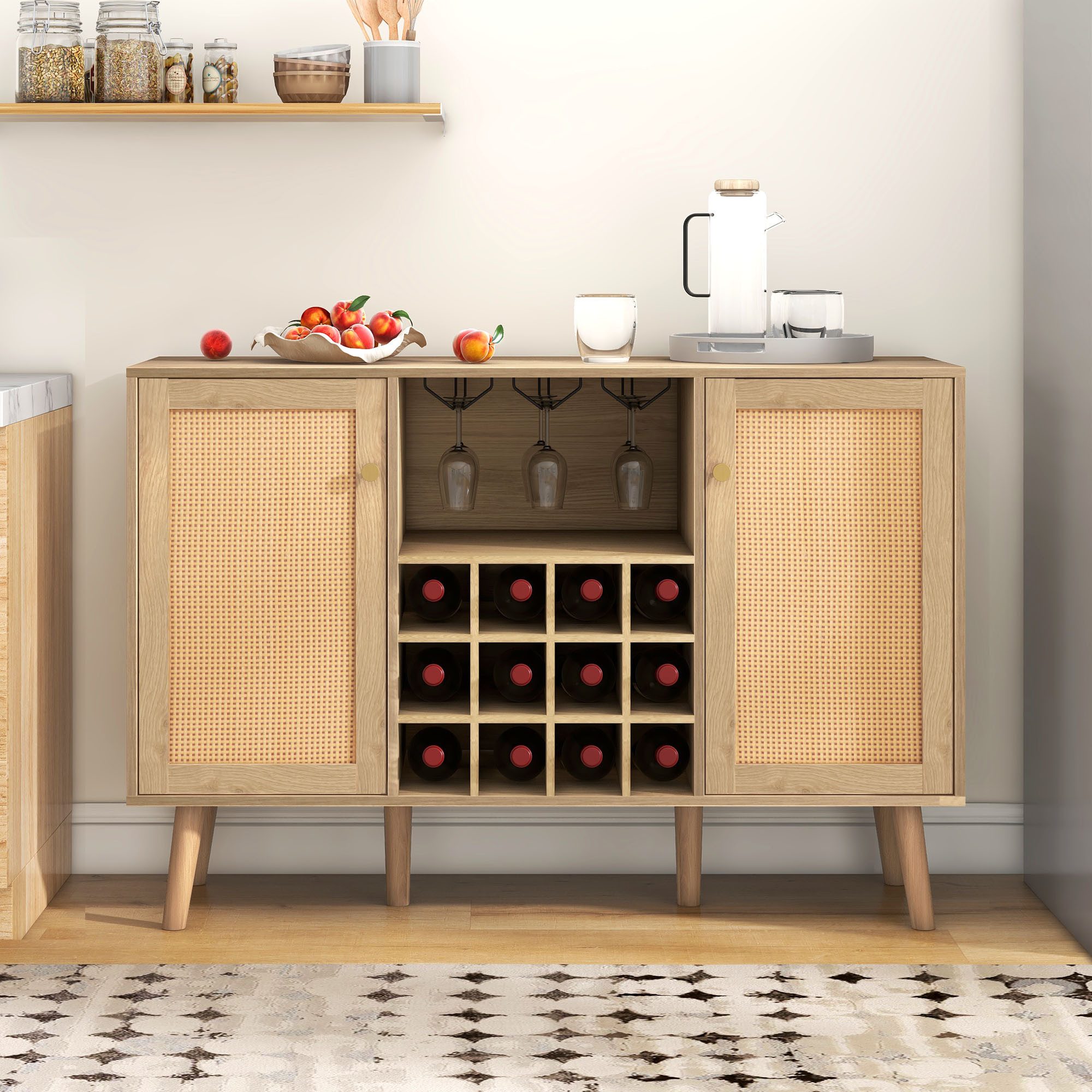 Gotagee Weinregal Stilvolles Weinregal Rattantüren Seitenschrank Sideboard Lagerschrank, die perfekte Aufbewahrungslösung für Ihre Weinsammlung