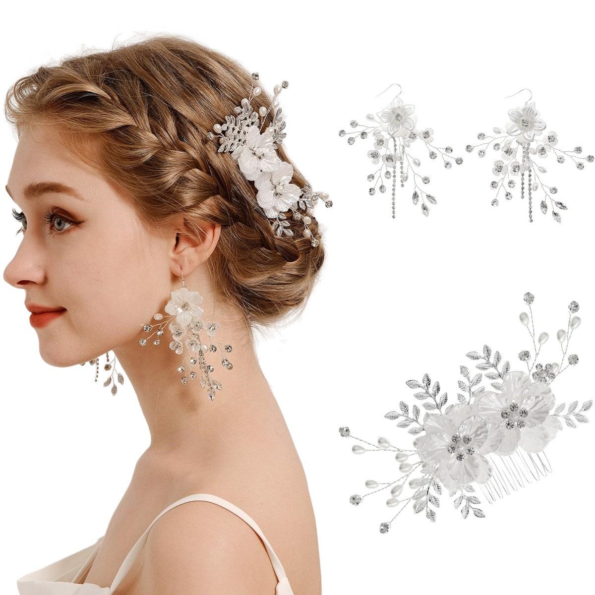 VEKROBOT Diadem Weißer Blumen Haarschmuck Ohrringe Braut Accessoires Haarkamm Set (1-tlg), Harmonisiertes Haar Ohrring-Set ideal für Hochzeit, Party Alltag