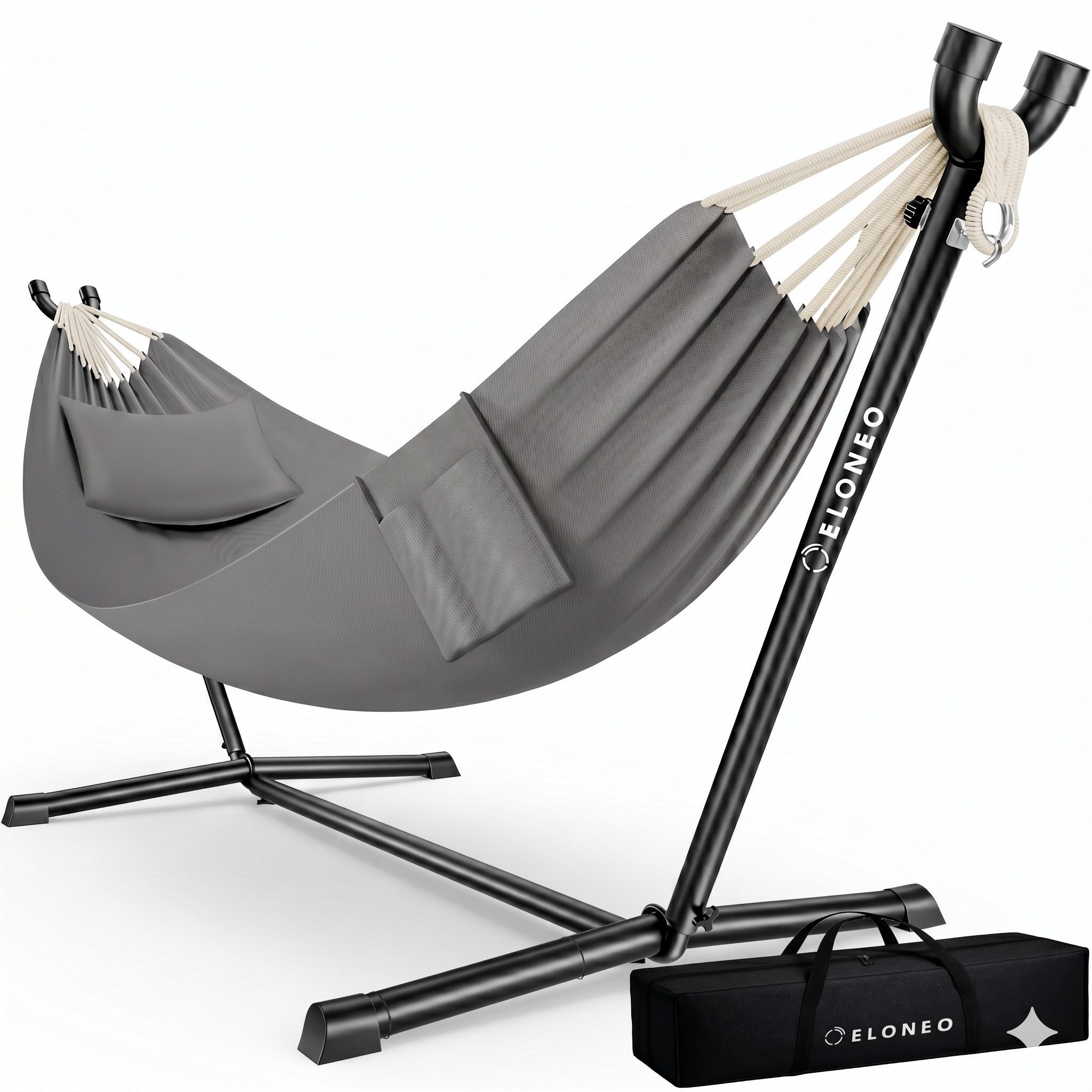 ELONEO Hängematte mit Gestell – Komfort & Flexibilität für Garten, Terrasse und Camping, belastbar bis 200kg, inkl. Kopfkissen und Tragetasche