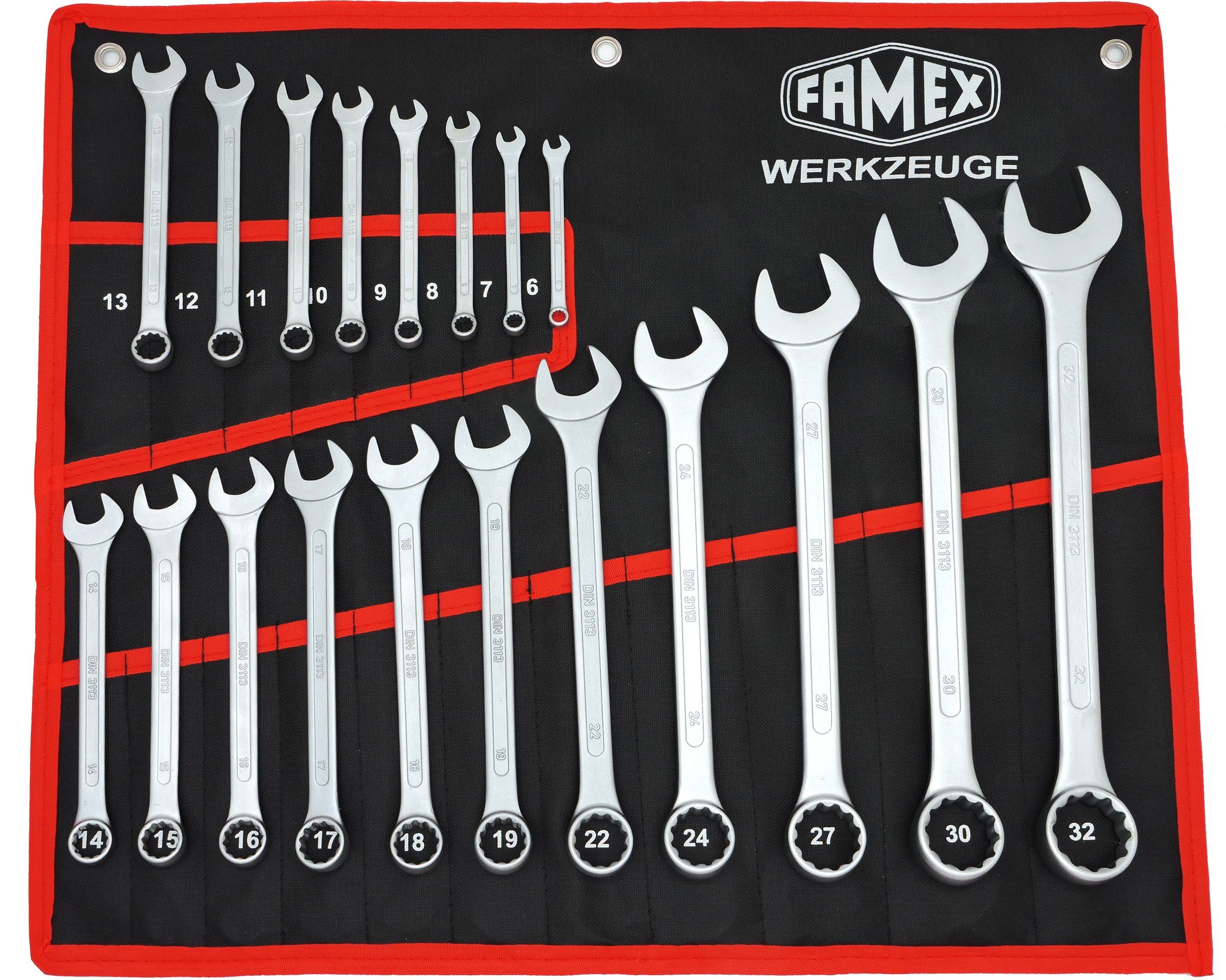 FAMEX Gabel- und Ringschlüssel 10349-19 Ringmaulschlüssel Satz (Schraubenschlüssel, 19 St), aus CV-Stahl