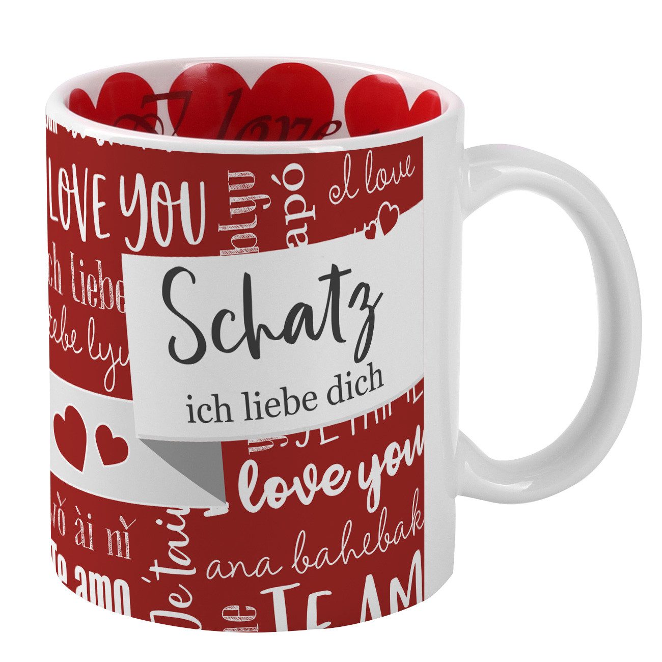 Herz & Heim Tasse mit Liebes-Motiven für Paare & Verliebte als Geschenk zum Valentinstag, innen & außen bedruckt