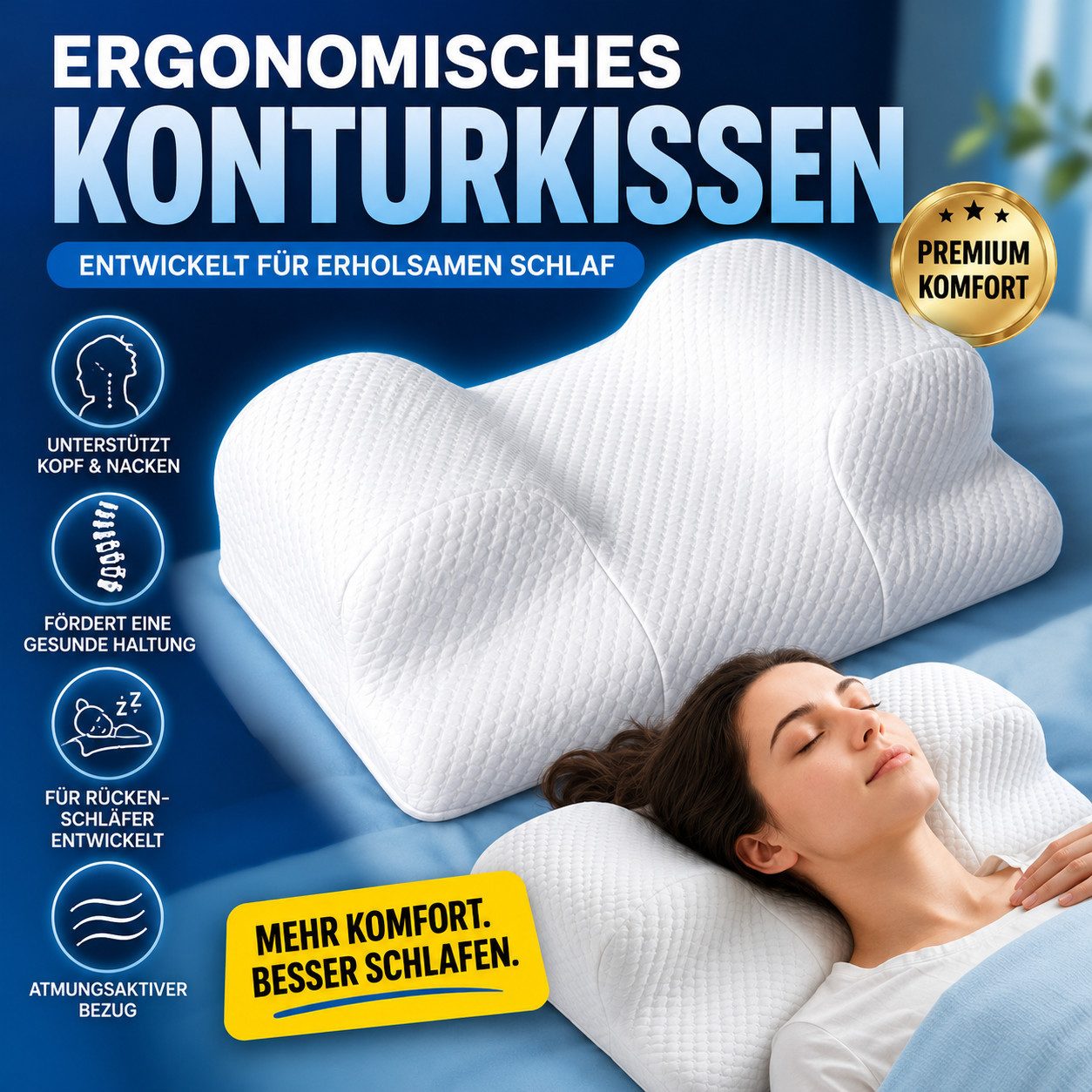RelaxSleep Kopfkissen Rückenschläferkissen Anti-Falten für stabile Rückenlage nach OP, ergonomisch, Memory Foam, für Rückenschläfer, Nackenstütze