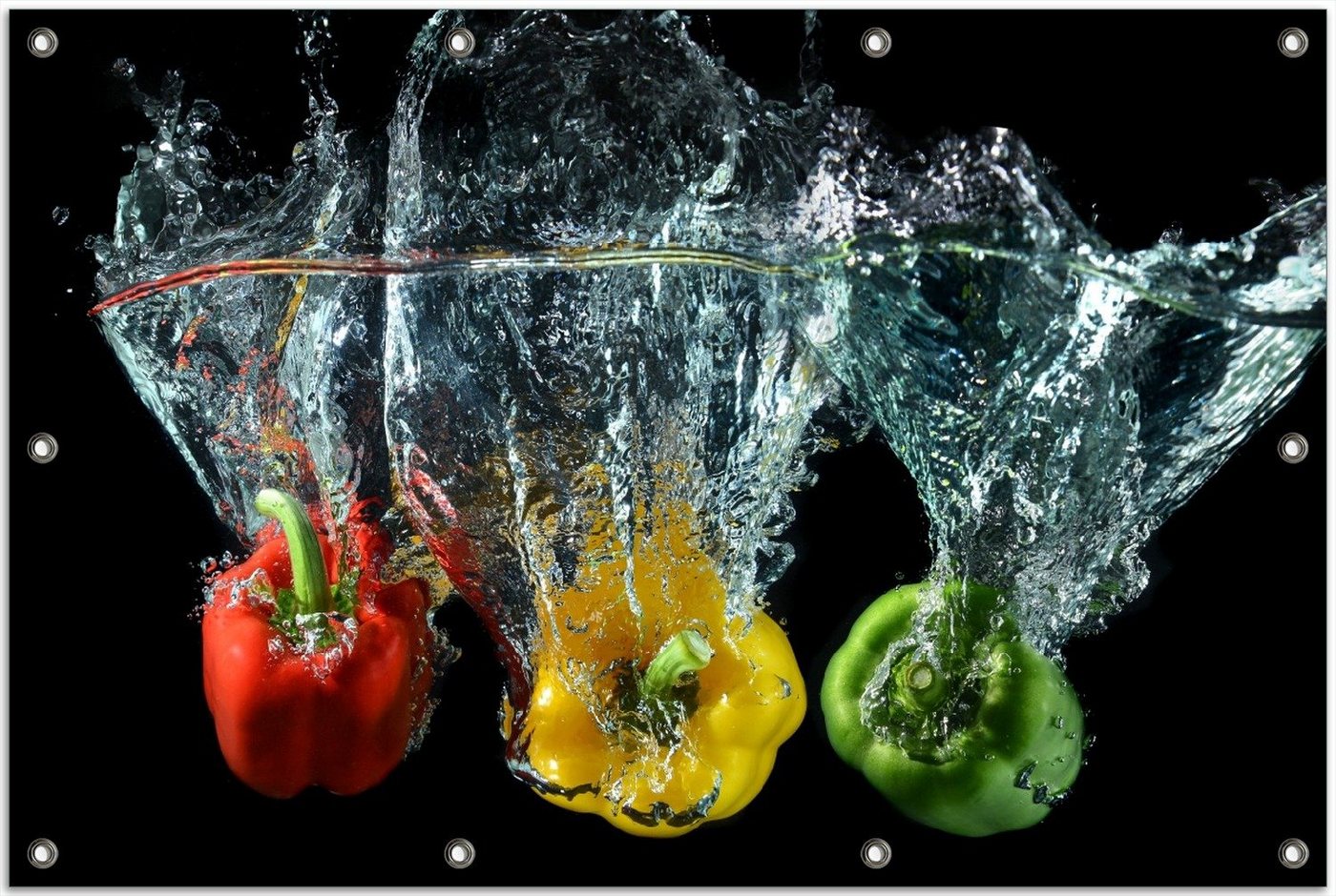 Thumbnail - Wallario Sichtschutzzaunmatten Paprika-Mix - frische Paprika in rot, gelb und grün im Wasser, rund