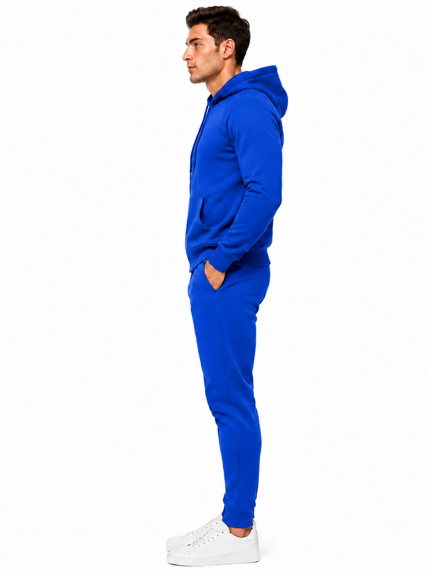 L.gonline Freizeitanzug Herren Jogginganzug einfarbig 100% BW 586 Blau S (Kapuzenjacke mit Reißverschluss, Hose, 2-tlg), Fitness Freizeit Casual