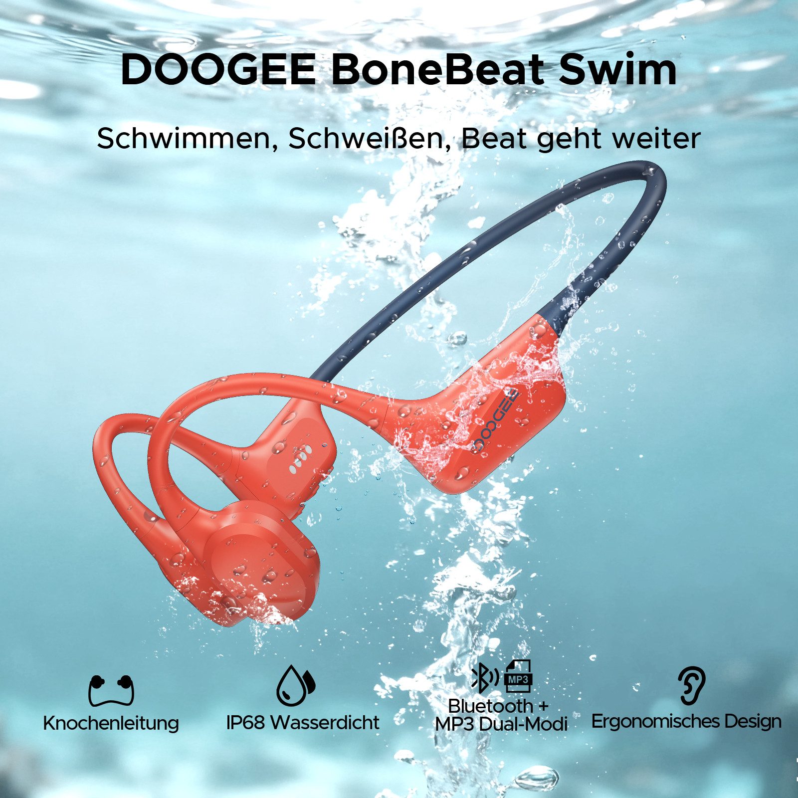 DOOGEE DOOGEE Bone Conduction Kopfhörer IP68 Open-Ear Bluetooth 5.4 Bluetooth-Kopfhörer (Bluetooth, 32GB MP3 Dual-Modus Sportkopfhörer für Schwimmen & Training)
