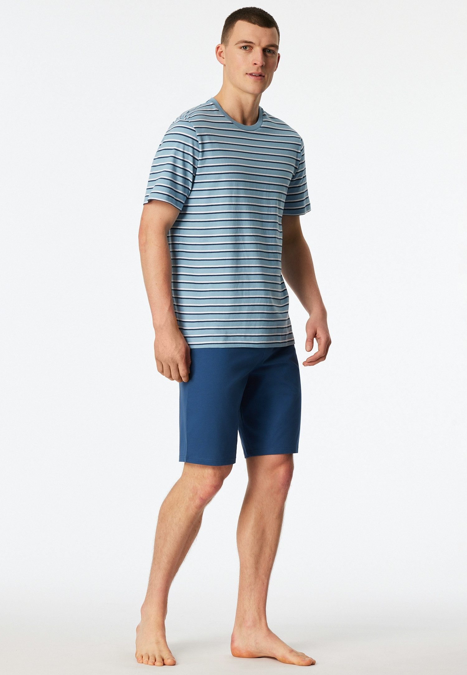 Schiesser Shorty Casual Nightwear (2 tlg) mit gestreiftem Oberteil, Rundhalsausschnitt und kurzen Ärmeln