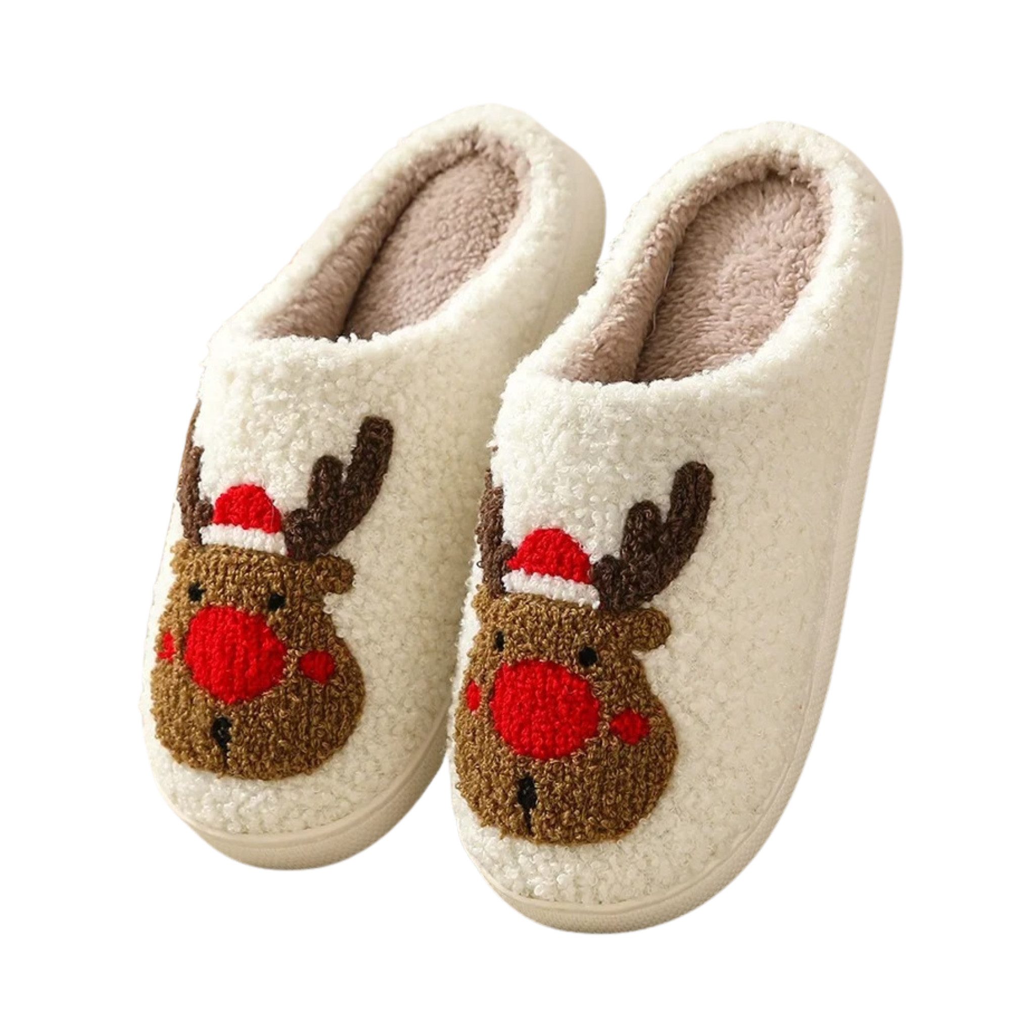 NEXORA Flauschige Damen Hausschuhe mit Rentier-Stickerei – kuschelig warm Plüsch Hausschuhe (Paar) kuschelige Hausschuhe mit weihnachtlichem Rentier-Motiv