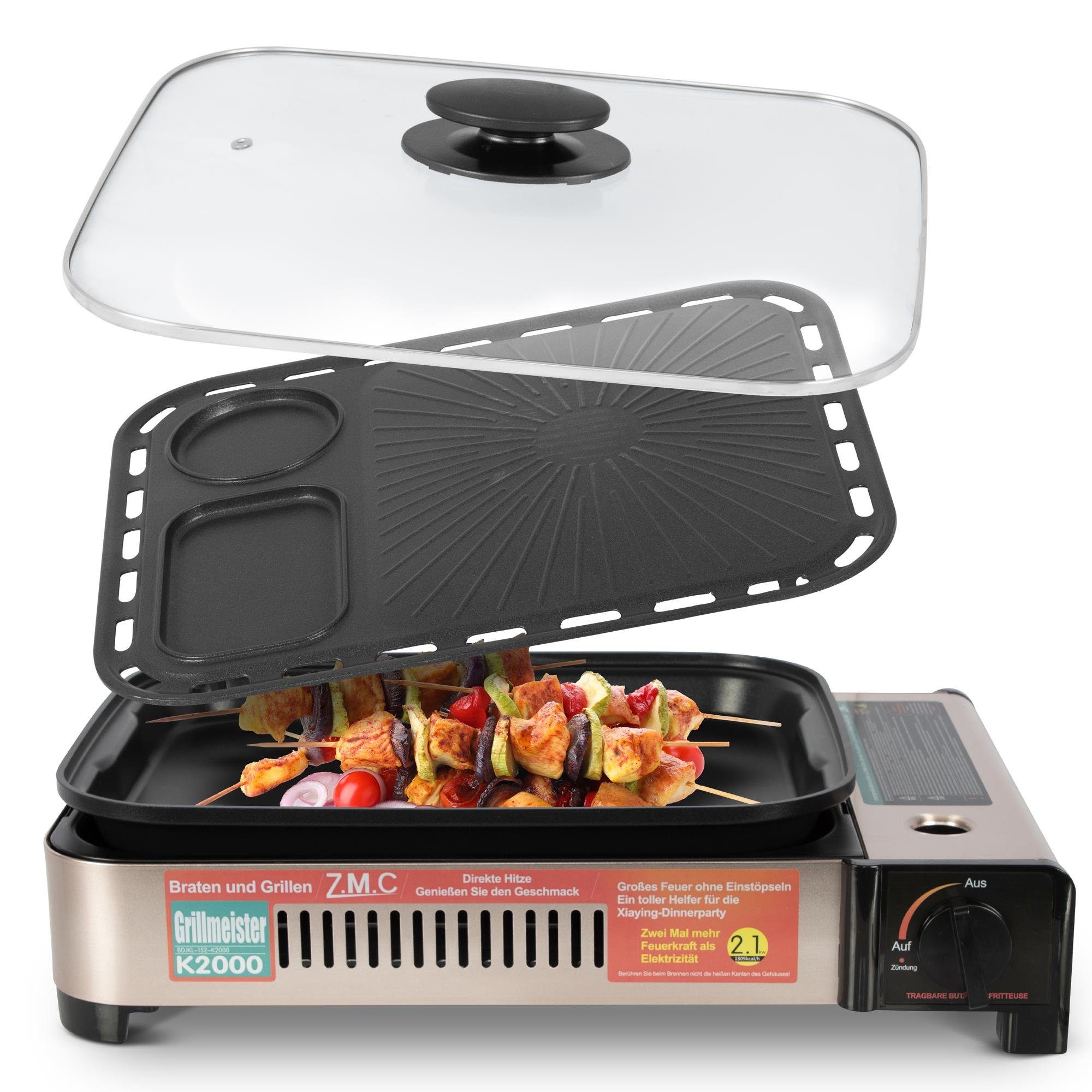 ZMC Gaskocher 2in1 Gas Kocher Campingkocher + Grillplatte + Grillpfanne  Gasgrill, (Gasbrenner Tischgrill inkl. Transportkoffer für:Indoor/Outdoor  Wärmeleistung: 2,1KW), + 4x 227g MSF-1a Gaskartuschen Tragbarer Camping  Kocher Herd Gaskocher