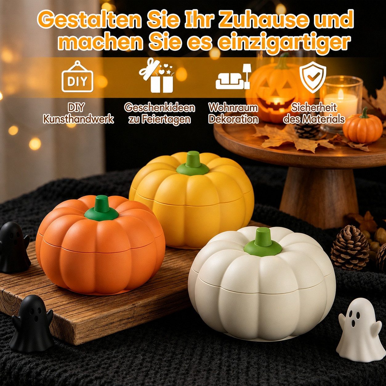 Diwzbyn Silikonform Kürbis Silikonformen, Halloween 3D Kürbis Gießform mit Deckel, (Aufbewahrungsbox Silikonformen 2-tlg), für Dekor, Geschenk, DIY, Herbstdeko  – Bild 3 von 5
