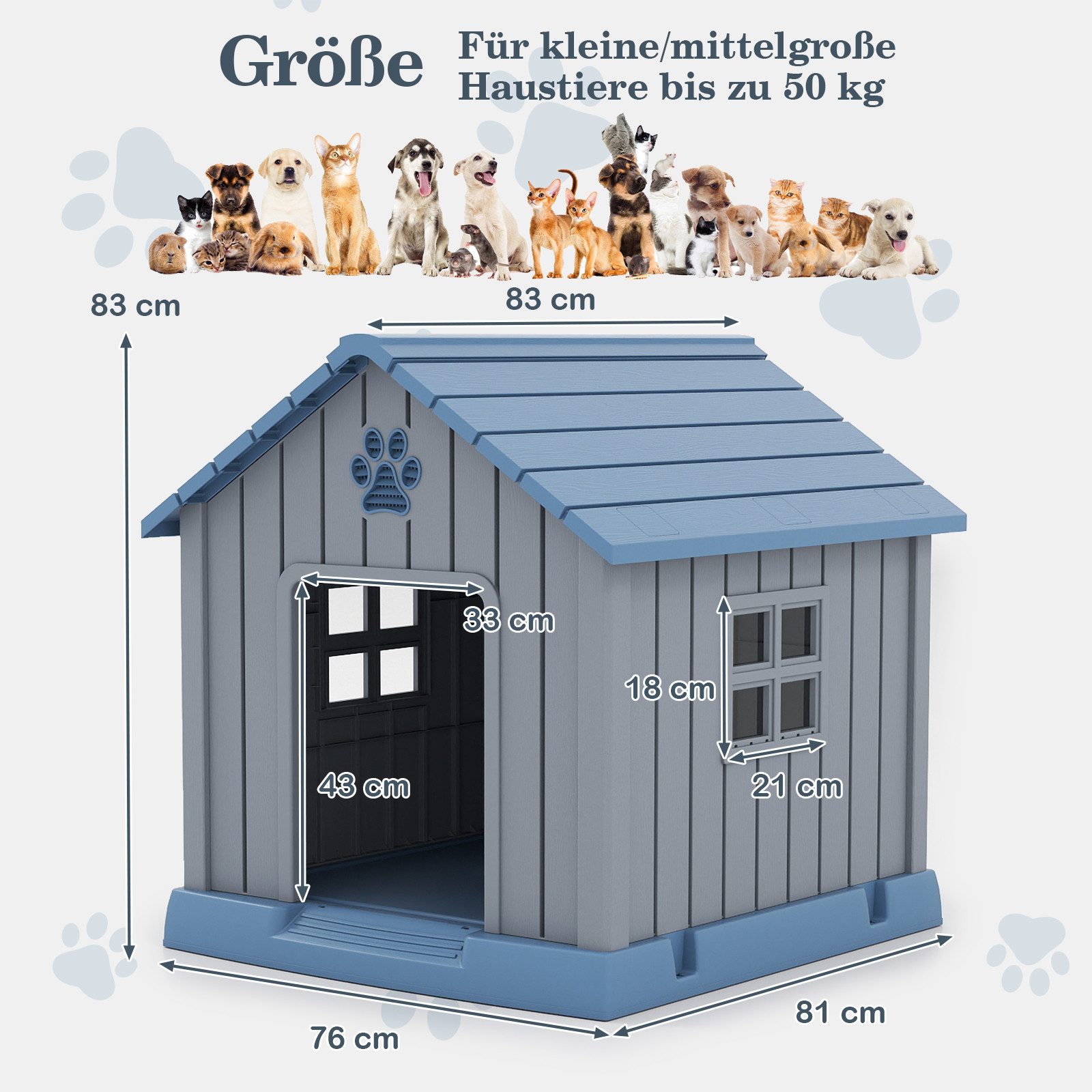 COSTWAY Hundehütte, Katzenhaus, Hundehaus mit Eingang, 2 Fenstern, Schrägdach