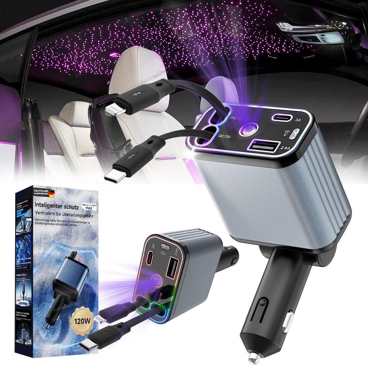 FOSMET Zigarettenanzünder-Verteiler 120W Zigarettenanzünder,4 in 1 Einziehbares Auto Ladegerät Adapter (USB C Schnellladegerät Spannungsanzeige Adaptive Charging Technologie, 120W Super-Schnellladung,Spannungsanzeige & 180°Drehbar), Sternenhimmel-Licht-Effekt,Vier Ladeports,alle mit Schnellladefunktion