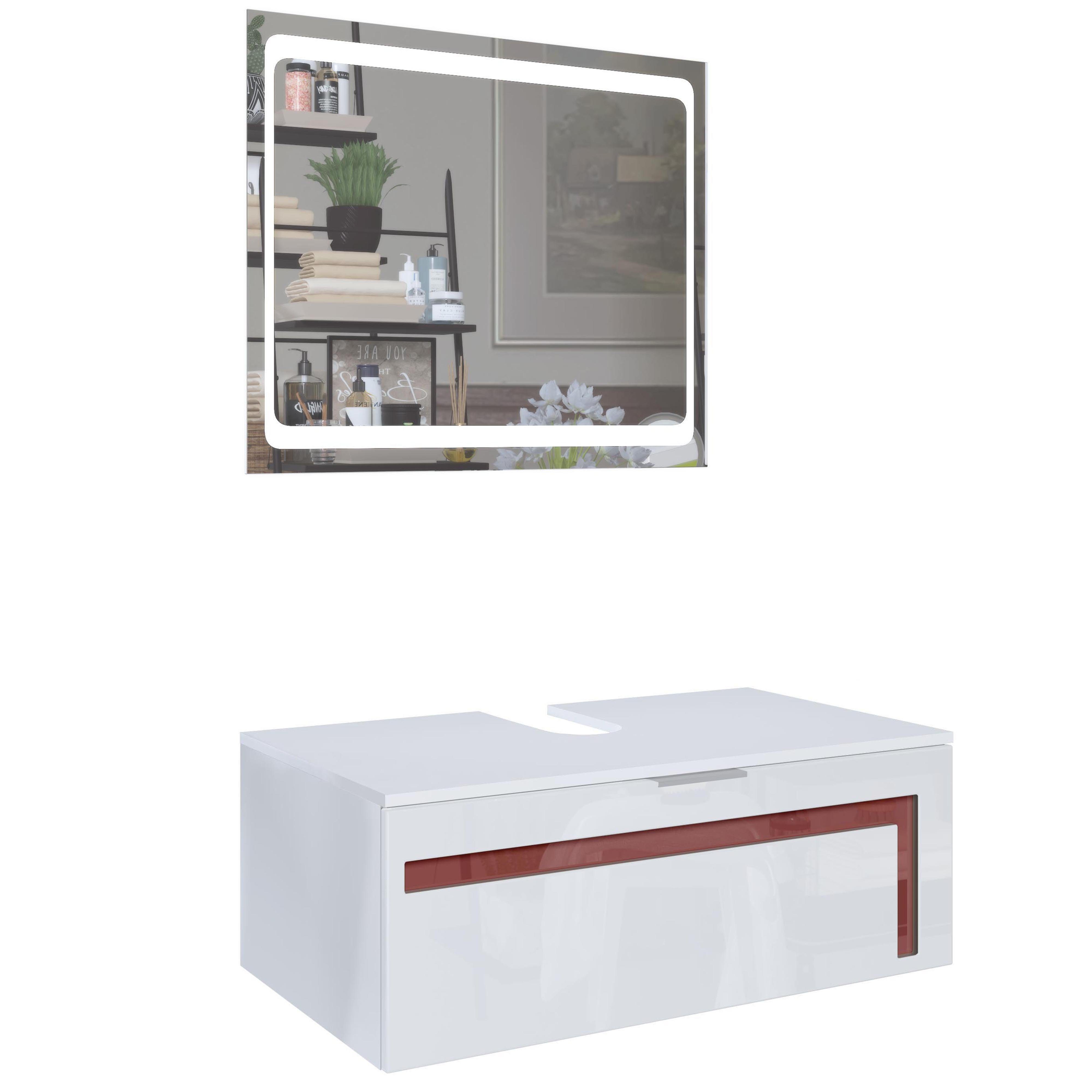 Vladon Waschbeckenunterschrank Aloha V2 (Wachtischunterschrank, mit LED-Spiegel) Weiß matt/Weiß glänzend, Absetzung in Bordeaux glänzend (96x36x51 cm)