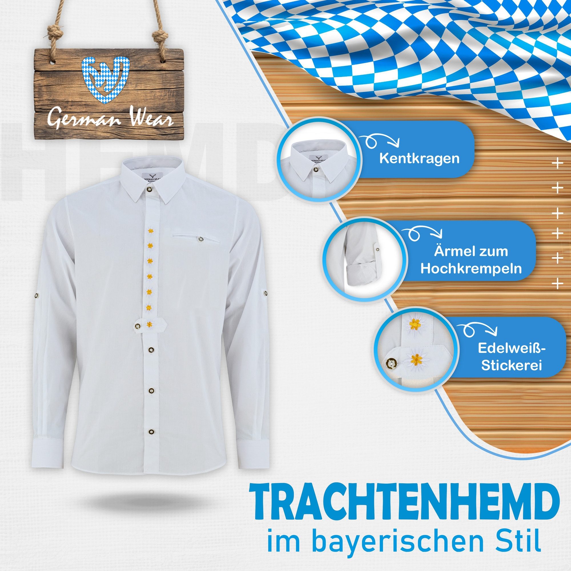 German Wear Trachtenhemd GW1252 Trachtenhemd Hemd als Trachtenmode Weiß Edelweiß Bestickt – Bild 4 von 5