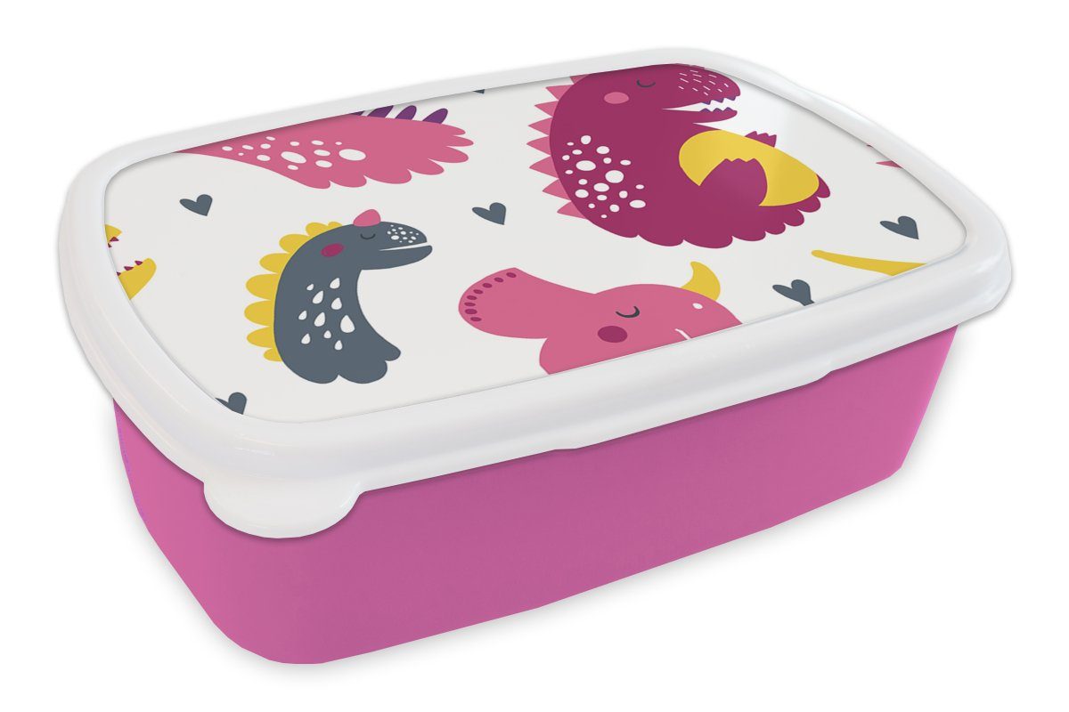 MuchoWow Lunchbox Dino - Muster - Kind - Rosa - Mädchen, Kunststoff, (2-tlg), Brotbox für Erwachsene, Brotdose Kinder, Snackbox, Mädchen, Kunststoff
