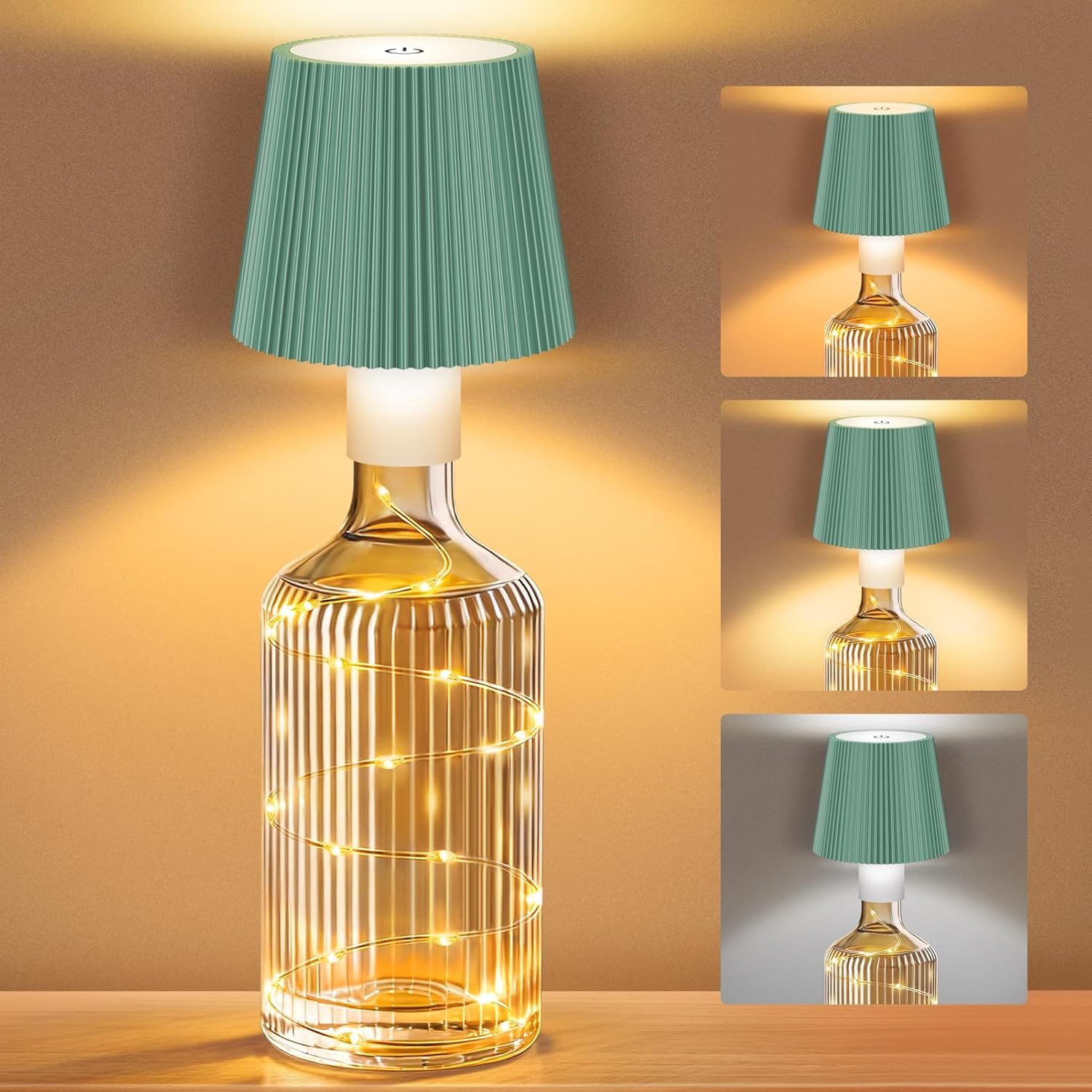 LaCute LED Dekolicht LED Flaschenlampe USB-C Akku Tischleuchte mit Lichterkette Grün, LED fest integriert, Kaltweiß (6000 K), Warmweiß (3000 K), Neutralweiß (4500 K), 3 Lichtfarben, stufenlos dimmbar, USB-C aufladbar LED-Lichterkette