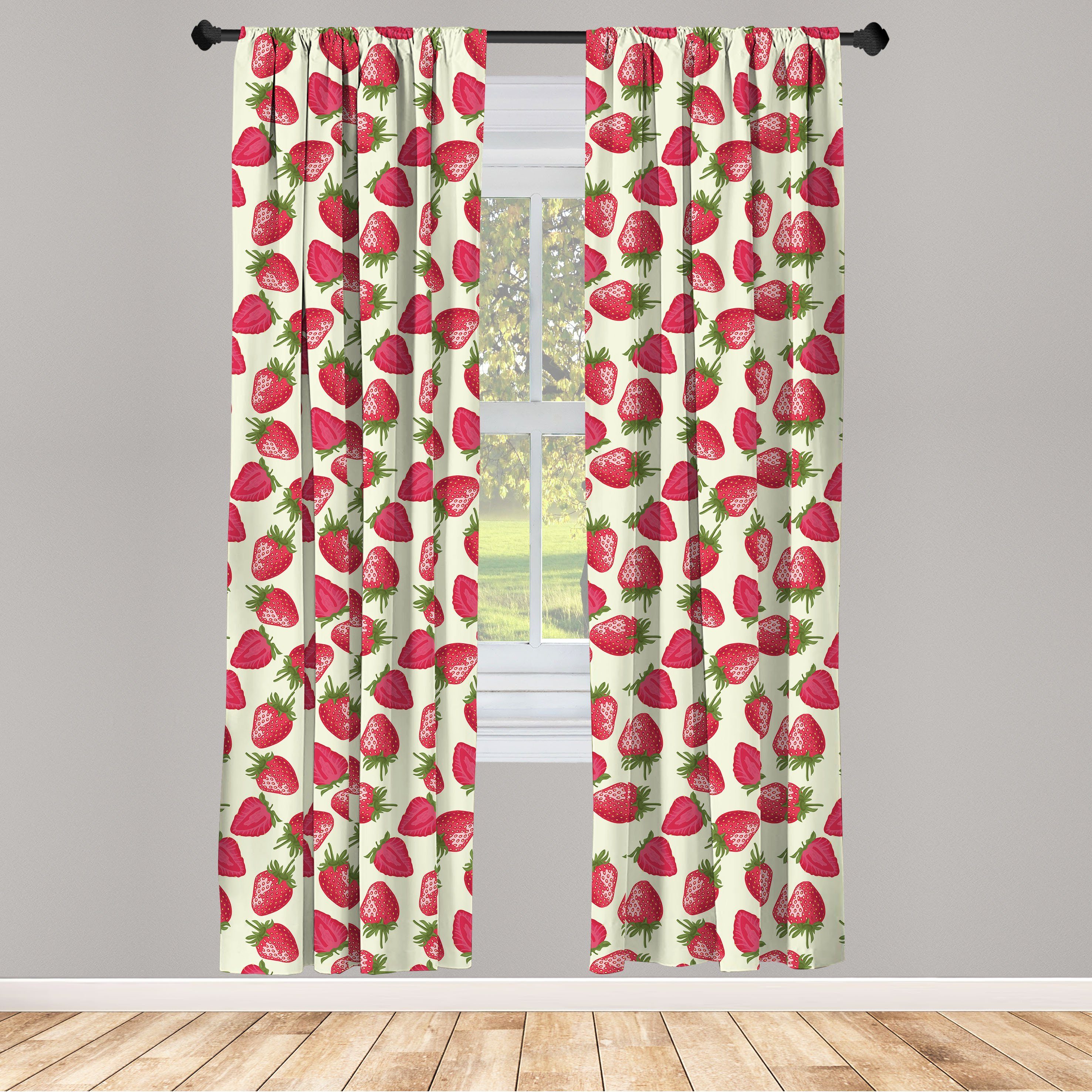 Gardine Vorhang für Wohnzimmer Schlafzimmer Microfaser, Lebensmittel Vivid Früchte Erdbeeren Dekor, Abakuhaus
