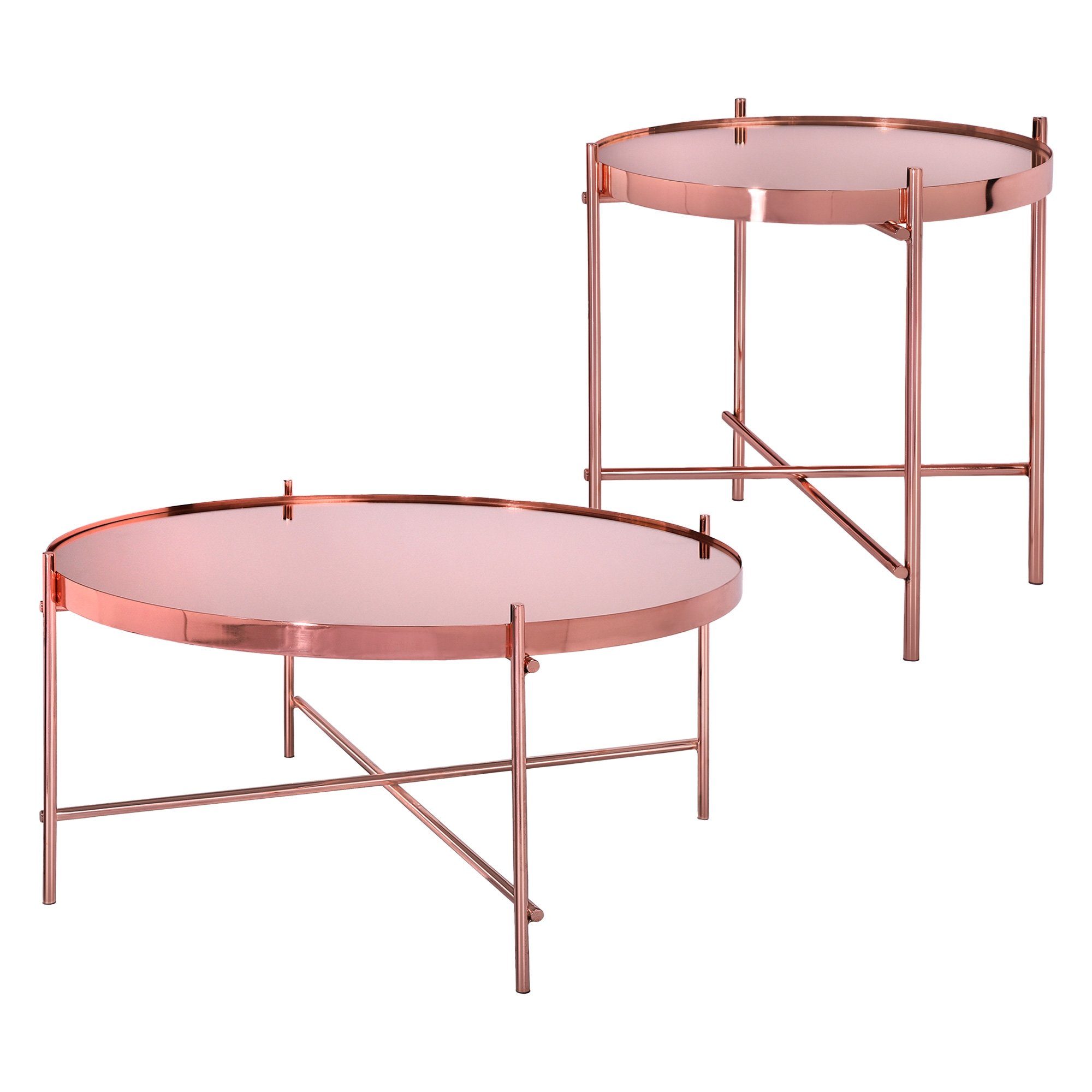 WOMO-DESIGN Beistelltisch Wohnzimmertisch mit Glasplatte und Metallgestell, Sofatisch 2er Set rund Ø 43x45 / 75x35 cm, Rosa, Moderner Lounge Tisch