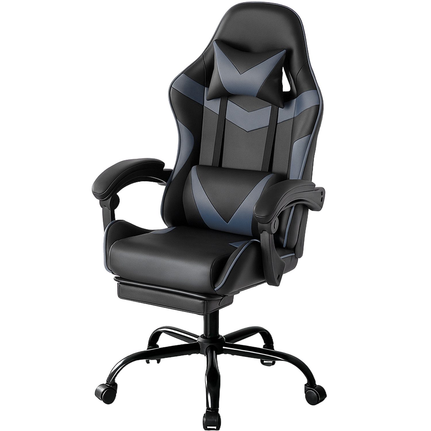 DUMOS Gaming-Stuhl ergonomisch mit Fußstütze & Kopfstütze, höhenverstellbar, bis 150 kg (Einzelstück), Höhenverstellbar, neigbare Rückenlehne mit Fußstütze