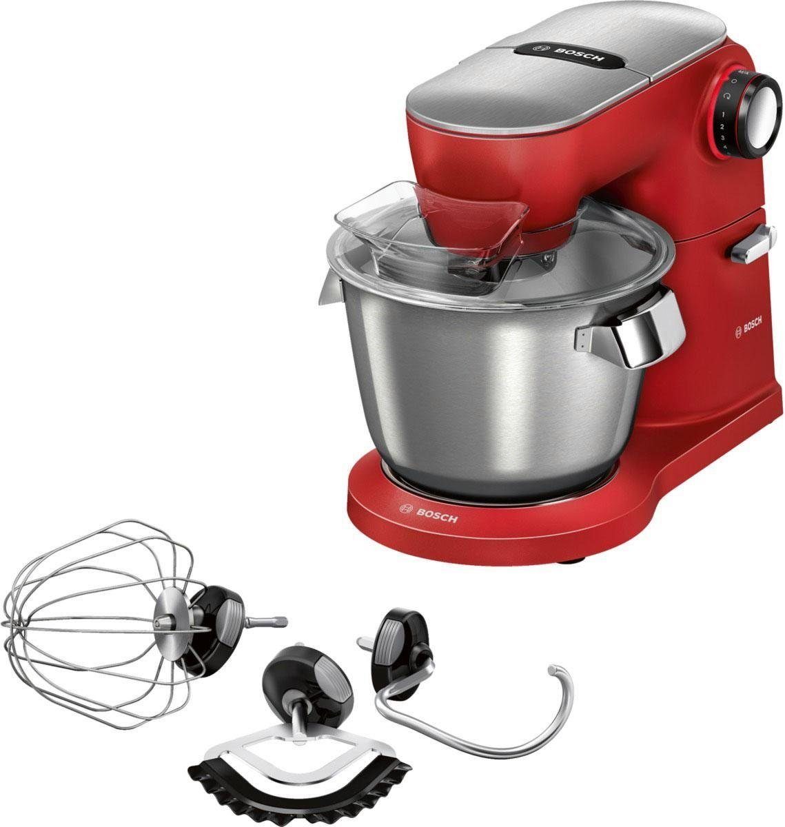 BOSCH Küchenmaschine Serie 8 MUM9A66R00, Gratis Set VeggieLove Plus MUZ9VLP1, 1600 W, 5,5 l Schüssel, Knethaken/Rühr-/Silikonbesen spülmaschinenfest, rot/silber