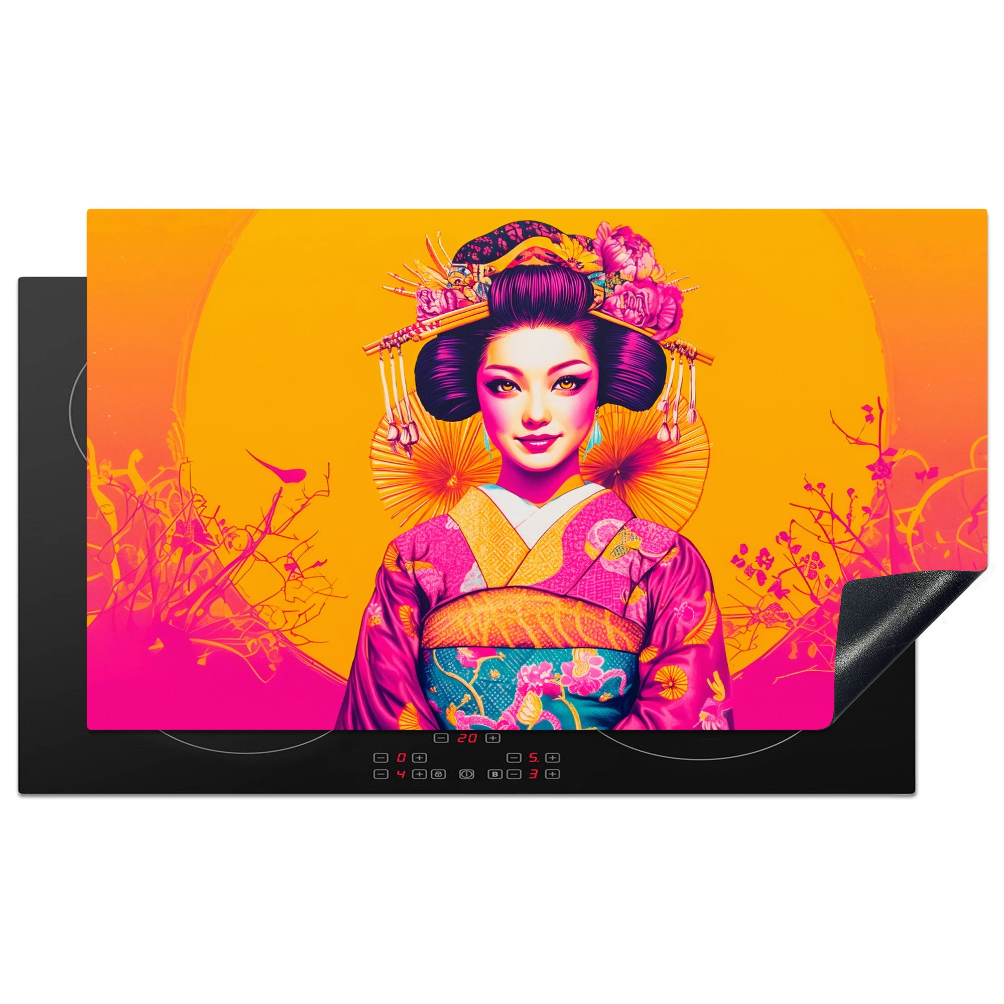 MuchoWow Herd-Abdeckplatte Blumen - Frau - Kimono - Rosa, Vinyl, (1 tlg), Küche Herdabdeckung Ceranfeld Induktionsfeld Vinyl, 95x55 cm