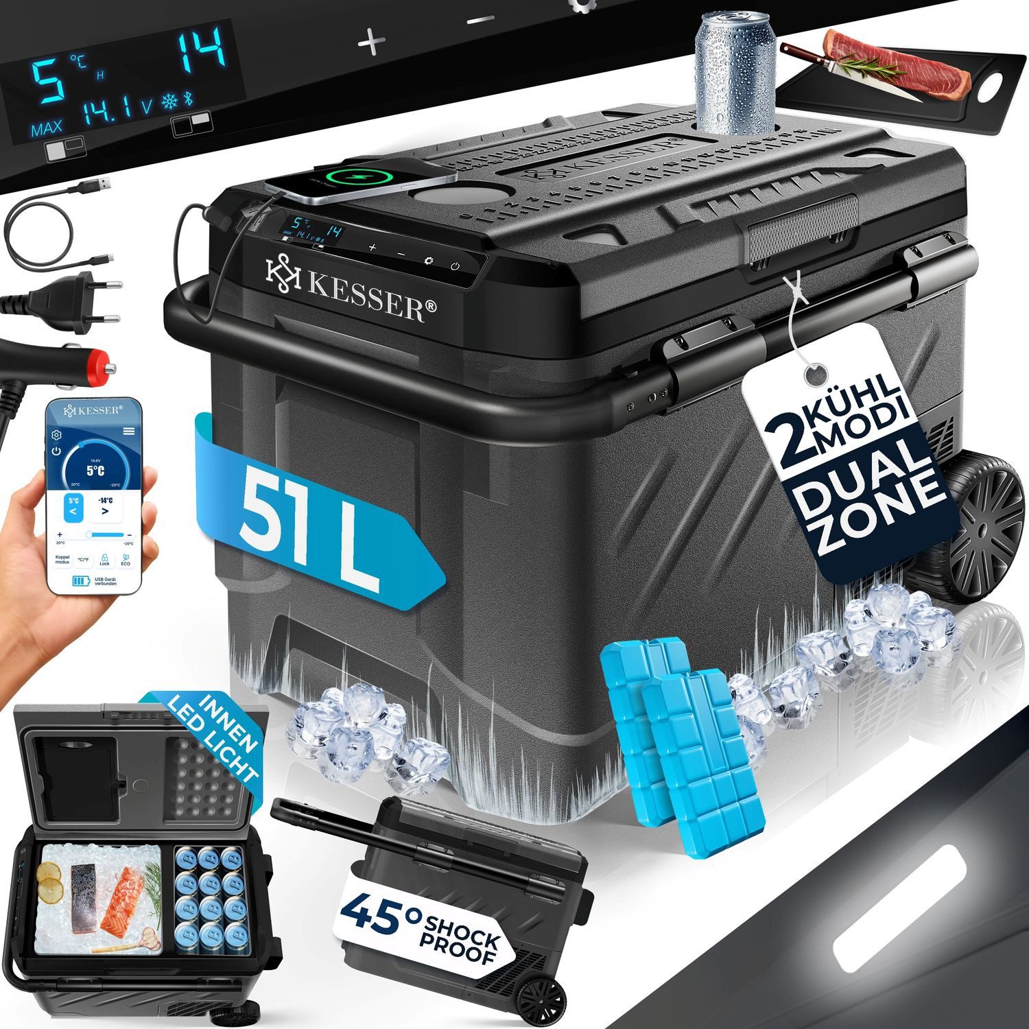 KESSER Thermobehälter, Kompressor Kühlbox 2in1 Doppelzone Kühl- Gefrierfach