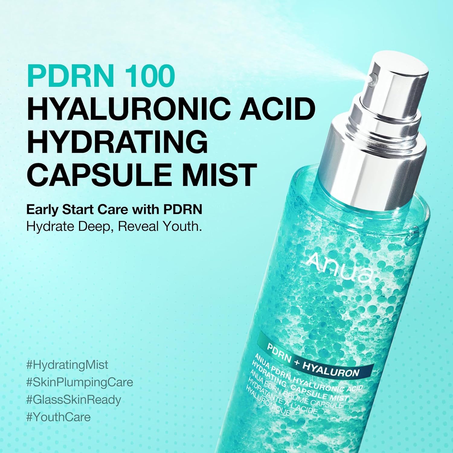 Anua Gesichtsserum PDRN Hyaluronic Acid Hydrating Capsule Mist 100ml Spray – feuchtigkeitsspendendes Gesichtsspray mit Kapseltechnologie, Glow-Finish, Hyaluronsäure, PDRN & Kollagen – für alle Hauttypen