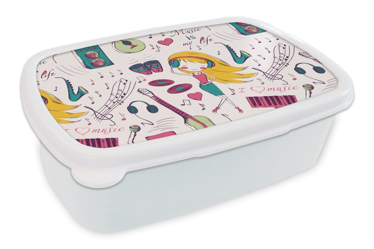 MuchoWow Lunchbox Mädchen - Musik - Kopfhörer - Muster - Mädchen - Rosa - Kinder - Kind, Kunststoff, (2-tlg), Brotbox für Kinder und Erwachsene, Brotdose, für Jungs und Mädchen weiß