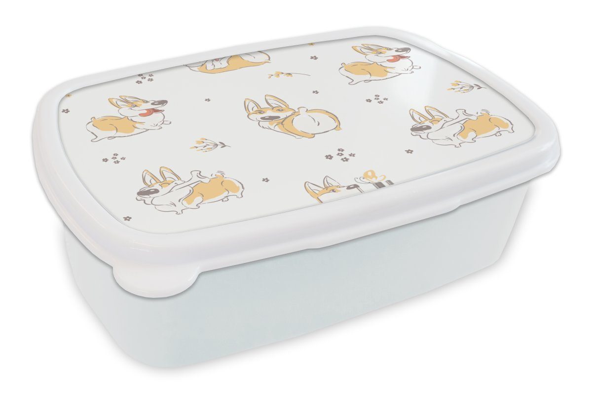 MuchoWow Lunchbox Muster - Corgi - Hund - Jungen - Mädchen - Kinder - Kind, Kunststoff, (2-tlg), Brotbox für Kinder und Erwachsene, Brotdose, für Jungs und Mädchen weiß