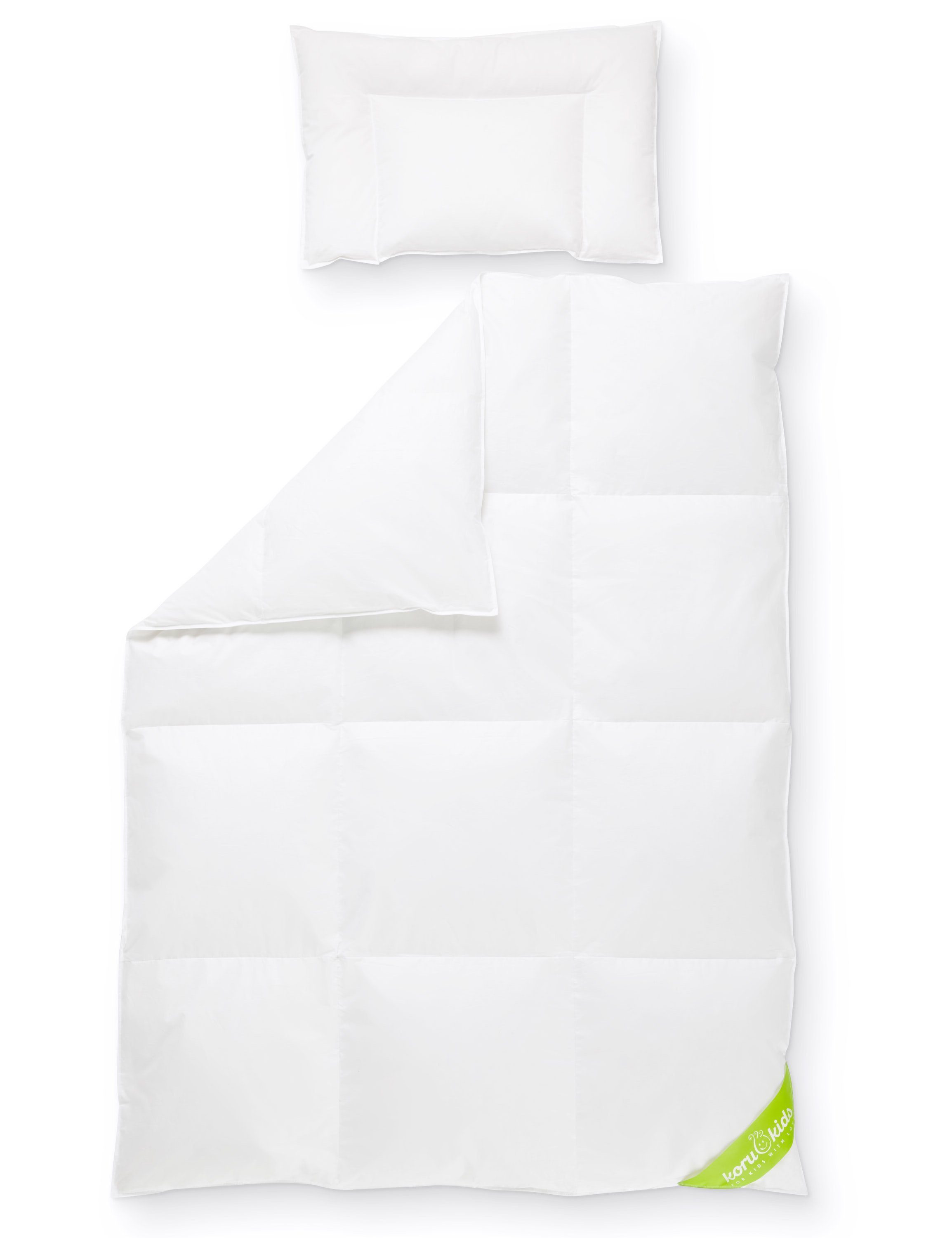 Koru Kids Kinderbettdecke + Kopfkissen Daunen Kinderbettdecke 100x135 Set mit Kissen Premium, Füllung: 100% neue deutsche Entendaunen, made in Germany, waschbar bis 60°, natürliches Schlafen für Ihr Kind