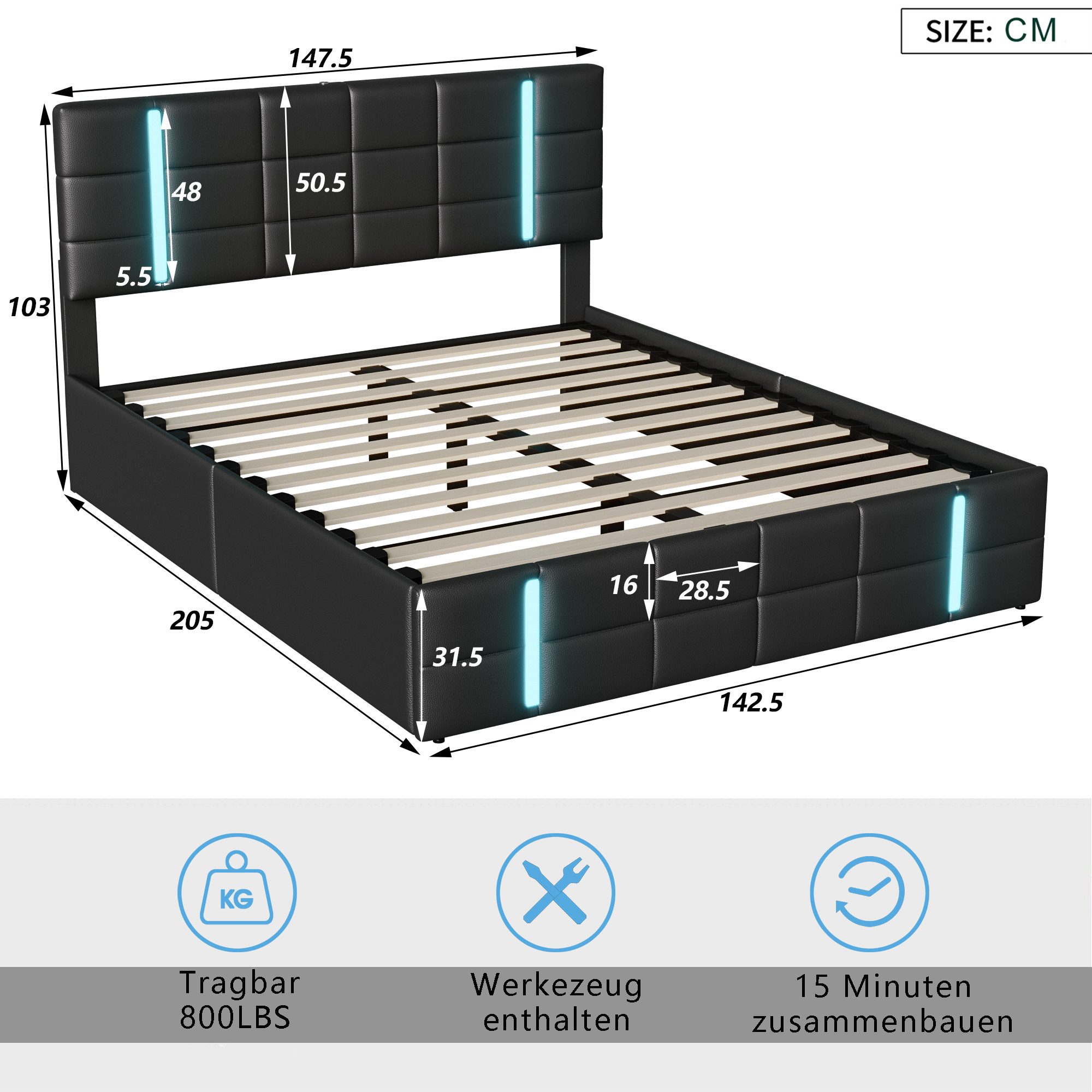 Furnishings Home Polsterbett Stauraumbett Doppelbett Ladefunktion (Set, Hydraulisch anhebbarer Bettstauraum), Mit LED-Beleuchtung, USB & TYPE-C, Kunstleder, 140x200 cm