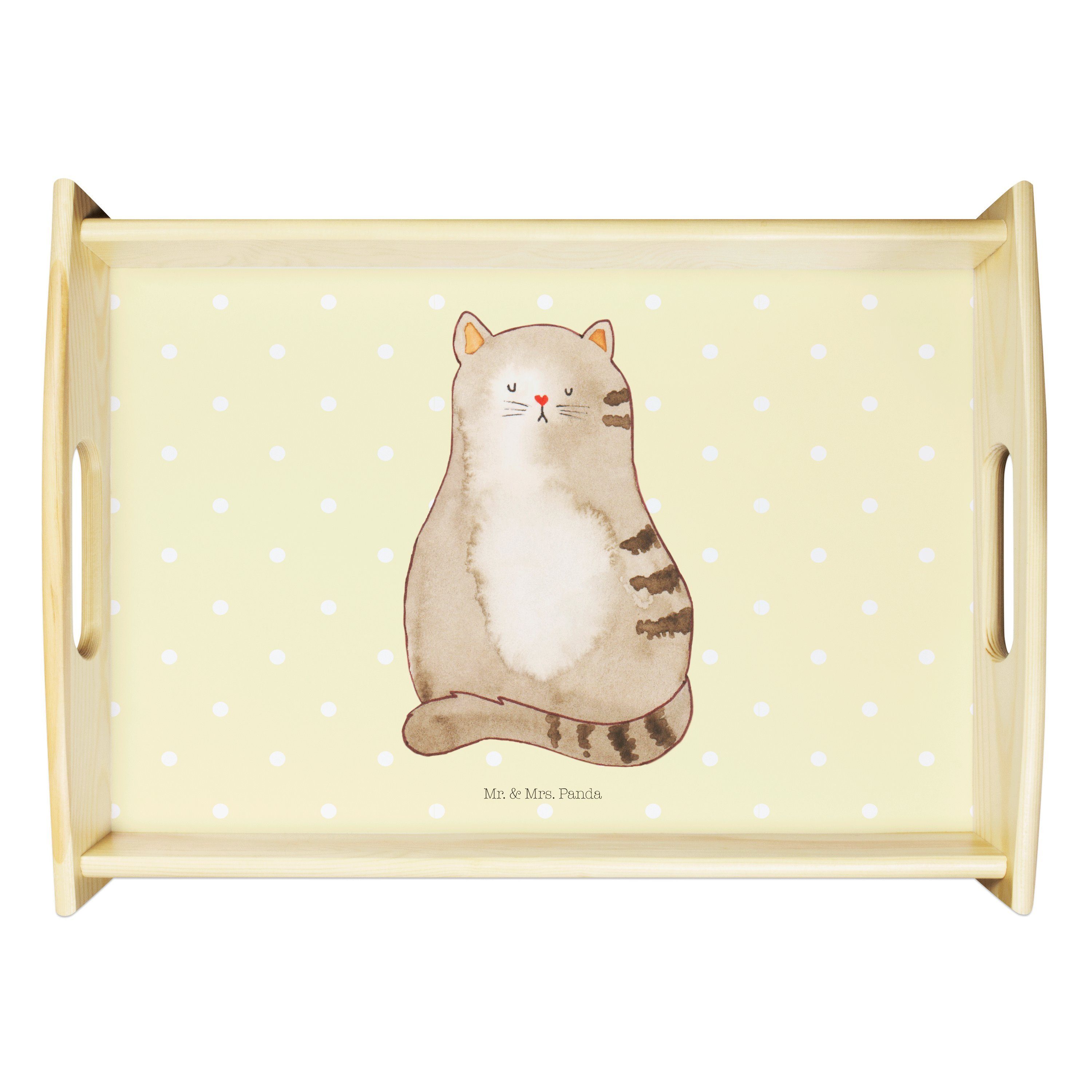 Mr. & Mrs. Panda Tablett Katze sitzend - Gelb Pastell - Geschenk, Küchentablett, Dekotablett, Echtholz lasiert, (1-tlg)