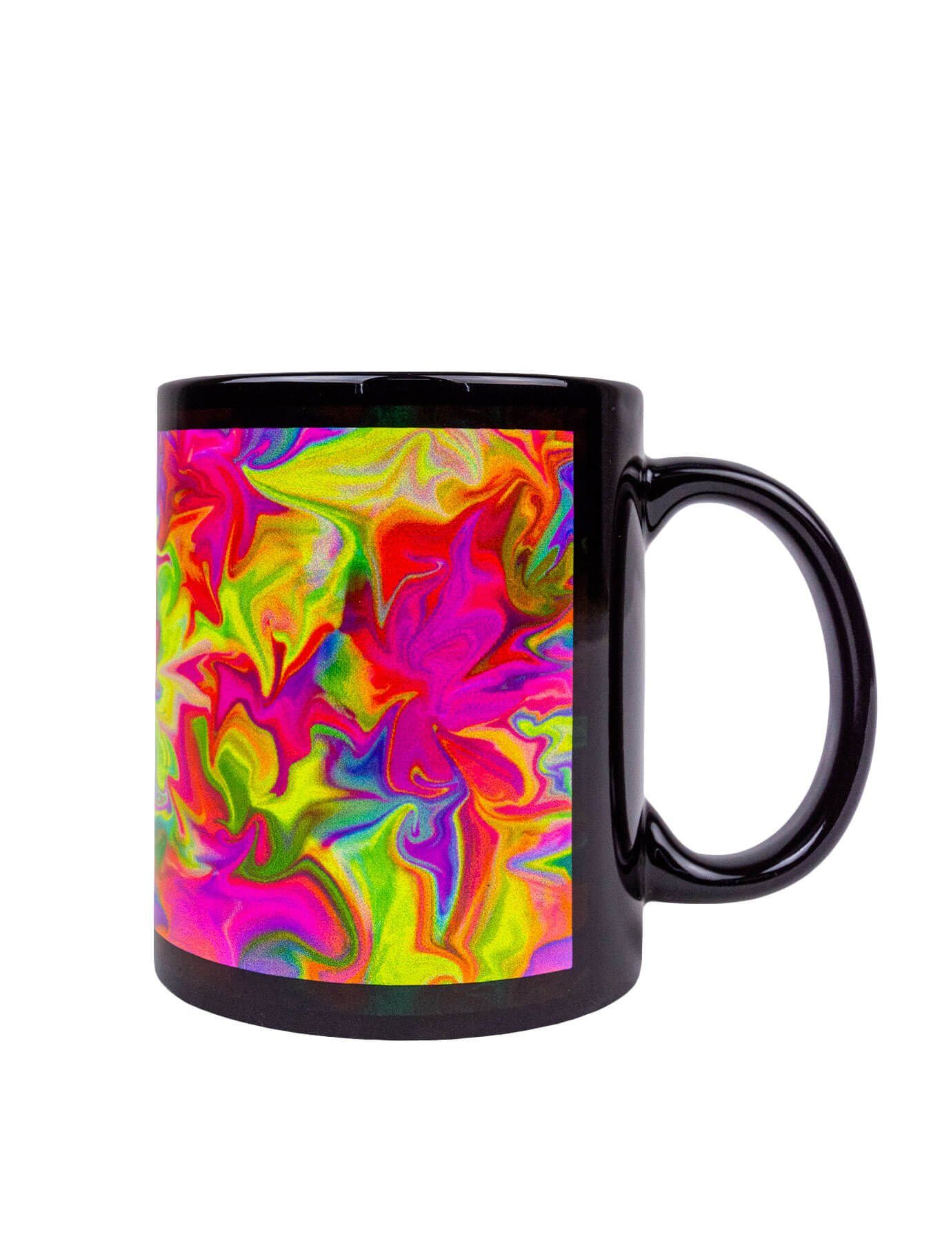 PSYWORK Tasse Fluo Cup unter Motiv Painted "Oil Spring", Schwarzlicht UV-aktiv, Keramik, leuchtet Tasse Neon