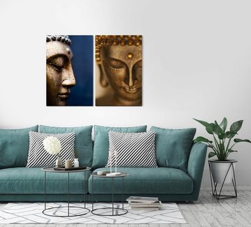 Sinus Art Leinwandbild 2 Bilder je 60x90cm Buddha Buddhakopf Bronze Statue Buddhismus Meditation Achtsamkeit Yoga