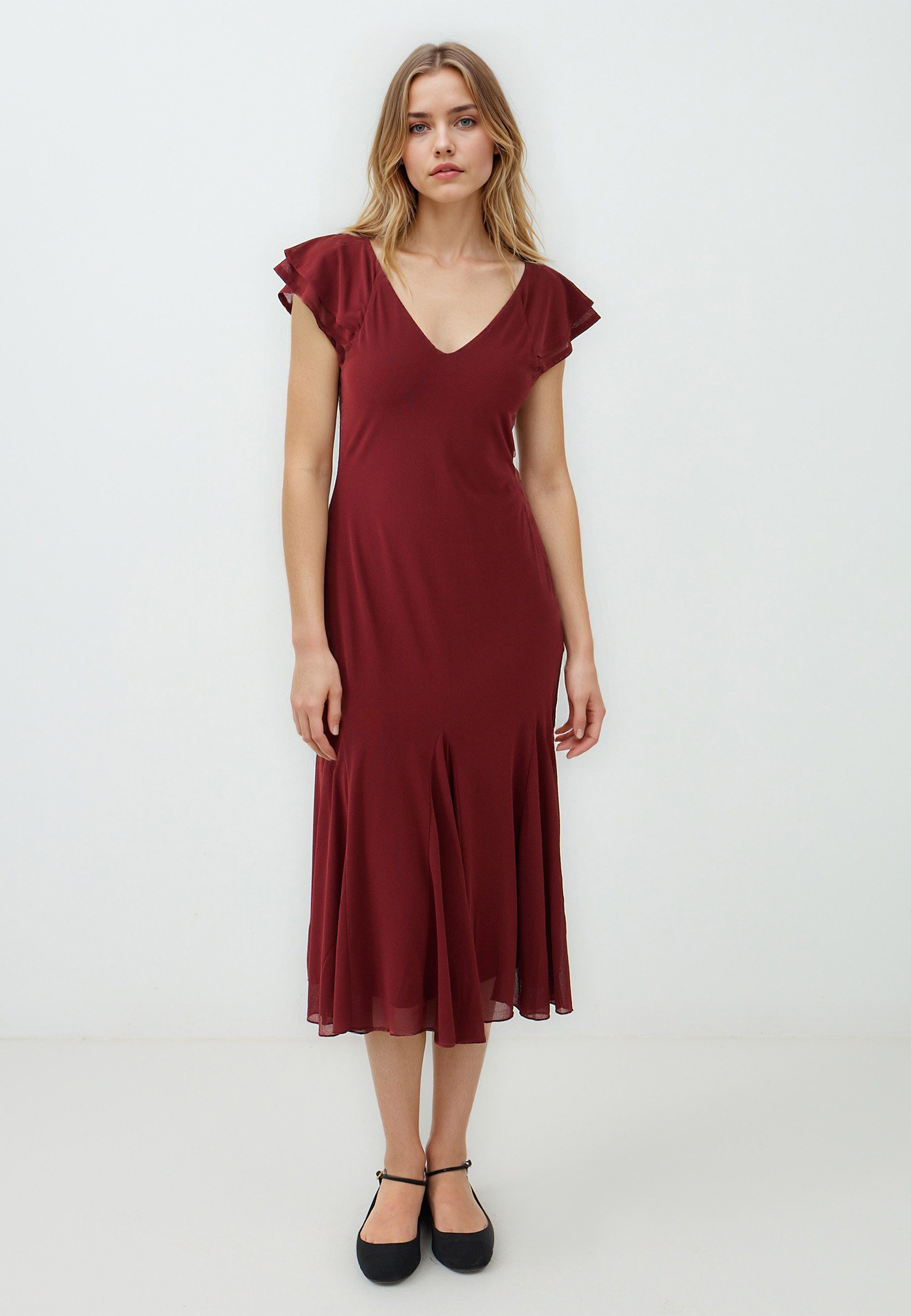 V-Ausschnitt-Pullover Slim Fit Strickkleid in Kupfer mit V-Ausschnitt