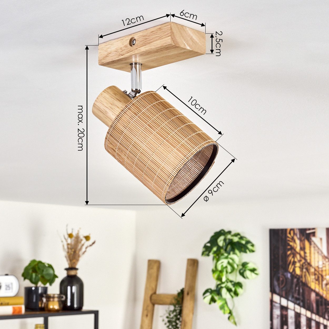 hofstein Wandleuchte Deckenlampe aus Holz/Metall/Bambus in Naturfarben/Chromfarben/Braun, ohne Leuchtmittel, mit verstellbarem Strahler, 1 x E14, ohne Leuchtmittel