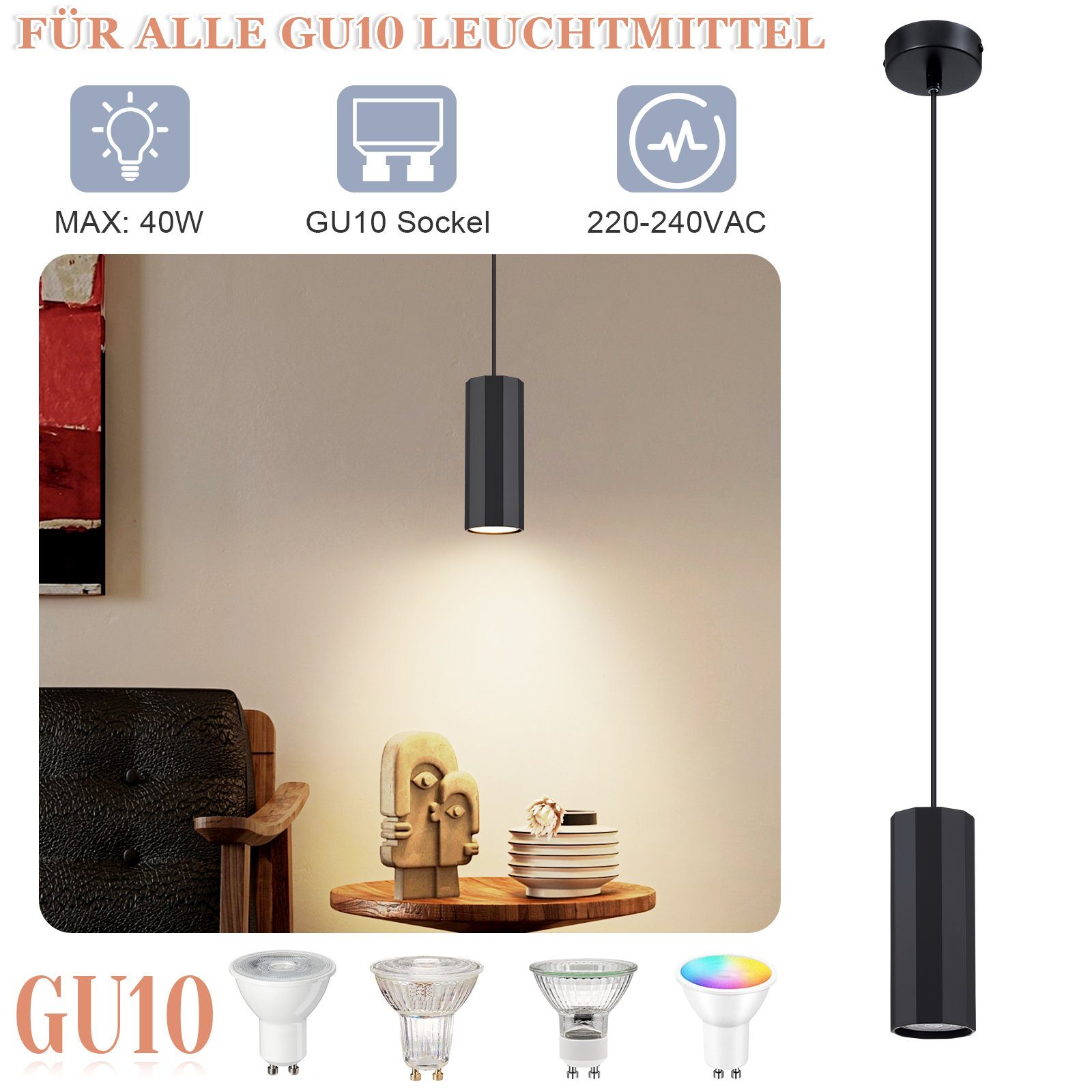 Nettlife Pendelleuchte Hängelampe GU10 Wohnzimmer Pendelleuchte Modern, höhenverstellbar, LED wechselbar, Wohnzimmer Küche Schlafzimmer