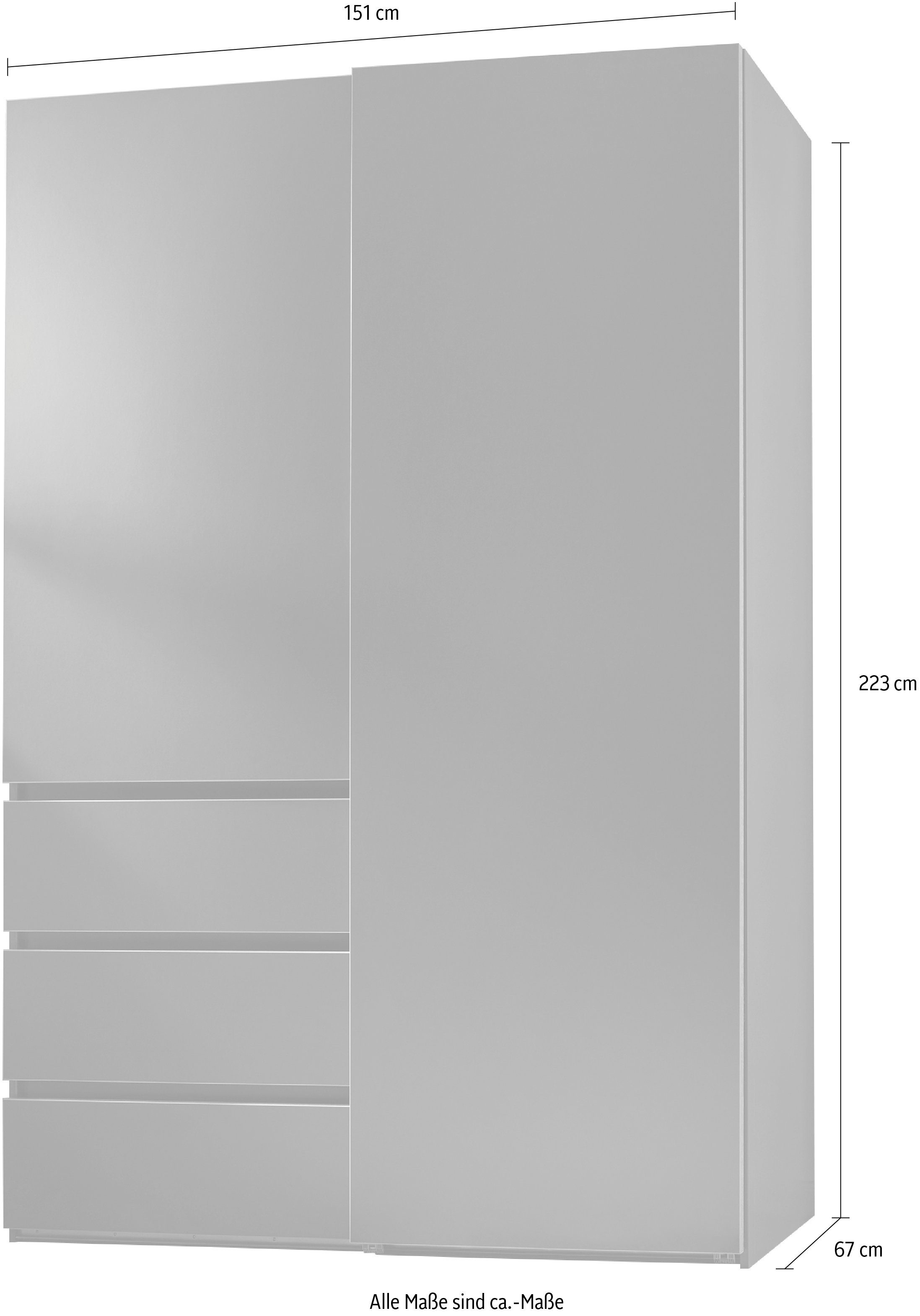 Schwebetürenschrank Dämpfung Yubari Seidengrau grifflose Front, Selbsteinzug rauch mit und Schubkästen