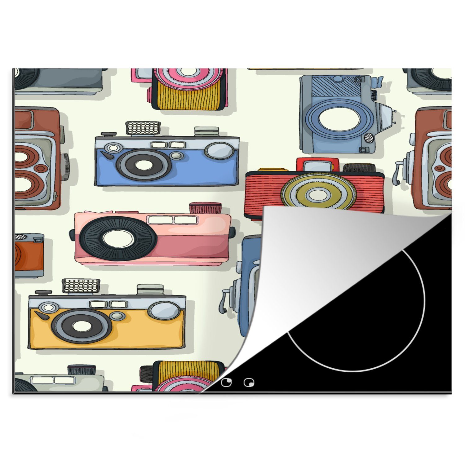 MuchoWow Herdblende-/Abdeckplatte Retro - Kamera - Muster - Fotografie, Vinyl, (1 tlg), 60x52 cm, Mobile Arbeitsfläche nutzbar, Ceranfeldabdeckung