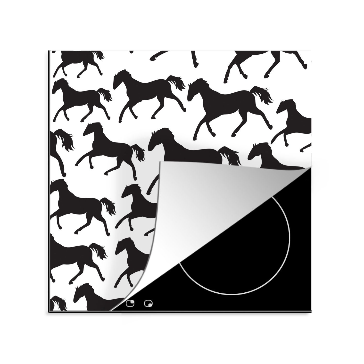 MuchoWow Herdblende-/Abdeckplatte Pferde - Schwarz - Weiß - Mädchen - Kinder - Mädchen, Vinyl, (1 tlg), 78x78 cm, Ceranfeldabdeckung, Arbeitsplatte für küche
