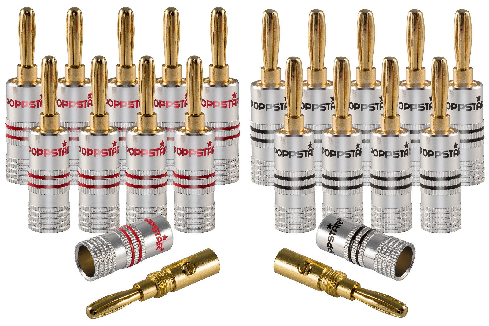 Poppstar High End Bananenstecker für Lautsprecherkabel (bis 6 mm) Audio-Adapter, für Lautsprecher, AV Receiver (Kontakte vergoldet, 10 schwarz, 10 rot)