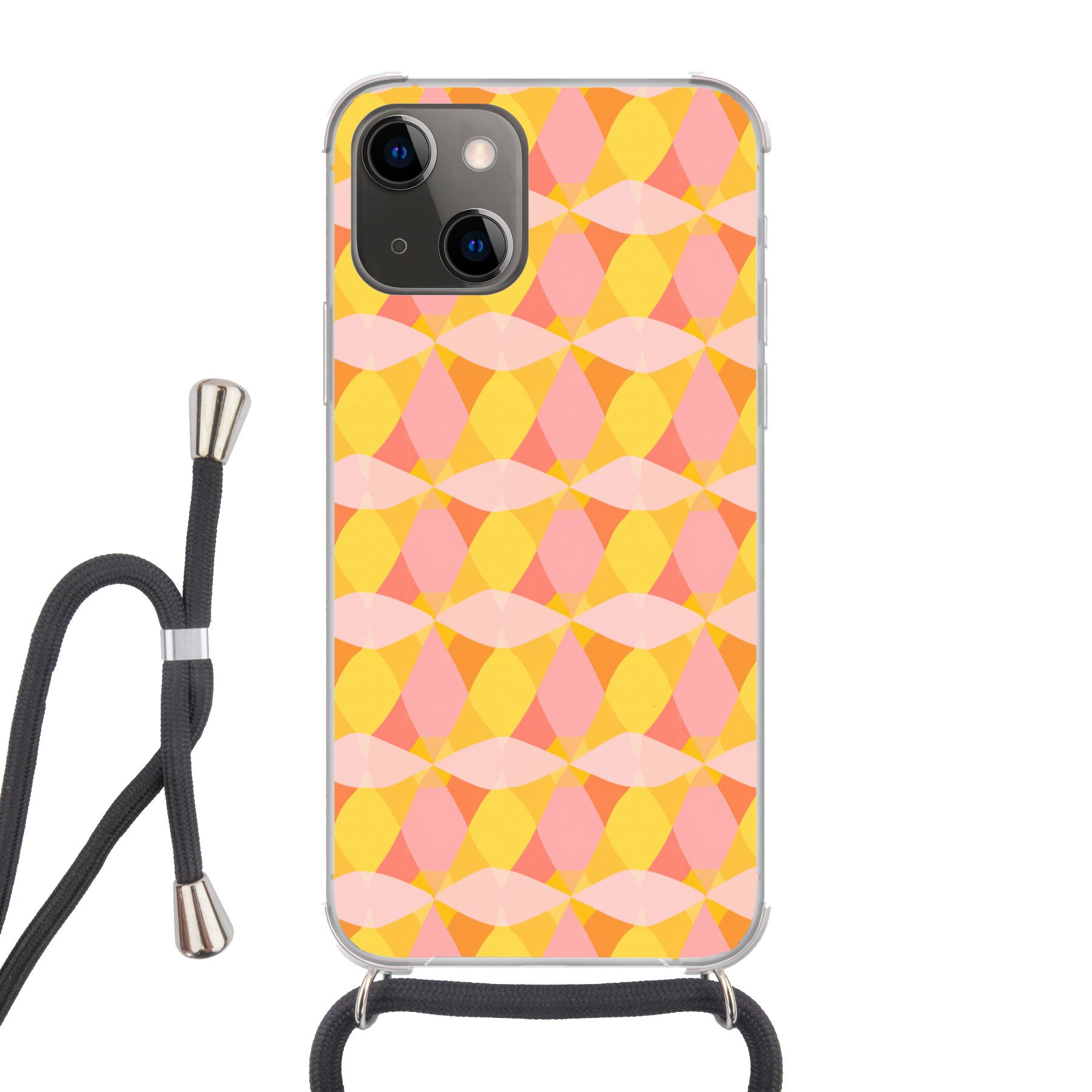 MuchoWow Handyhülle für Apple iPhone 13 Mini Bunt - Schachbrettmuster - Blattformen, Tragbare Handyhüllen mit Kette zum umhängen, Handykette Handyband