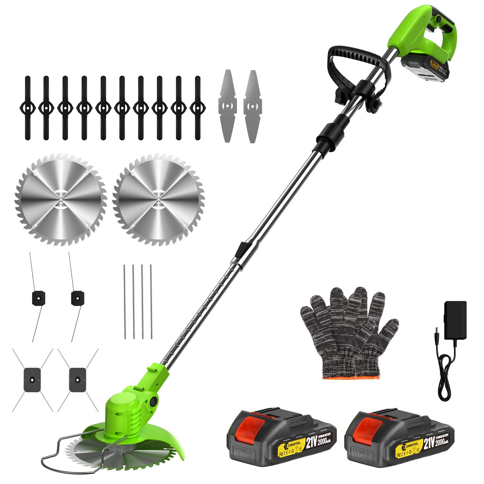 CONENTOOL Akku-Rasentrimmer 21V mit 4000mAh Akku, Verstellbarer Teleskopstiel, 15 cm Arbeitsbreite Messer, (Set, mit 4 Messertypen), Freischneider & Kantenschneider, inkl. 2 x 2.0Ah Akkus