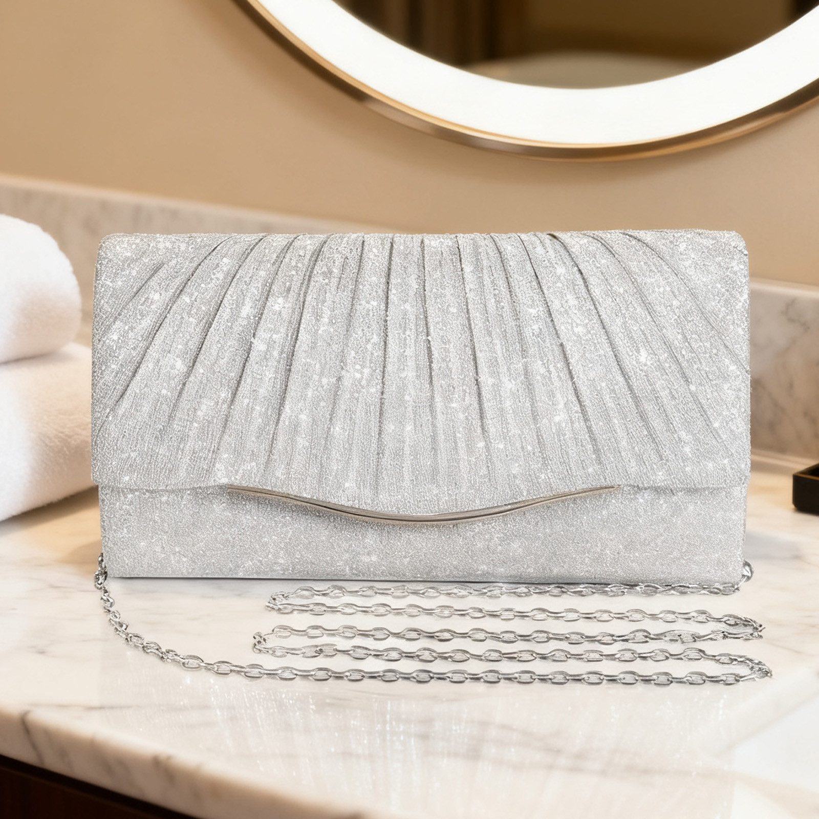 OKWISH Abendtasche Funkelnde Handtasche Pailletten Abendtasche Kosmetik-Etui Crossbody (mit Abnehmbare 120-cm-Kette und Magnetverschluss, 1-tlg., vielseitige Trageweise für Hand- Schulter- oder Crossbody-Trageweise), Ideal für Hochzeiten Partys Bankette und festliche Events