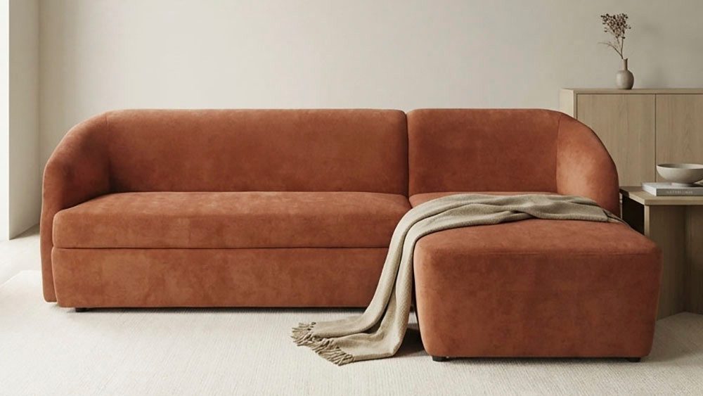 DOMO collection Ecksofa Orbis, modernes, klares Design mit schmalen, abgerundeten Armlehnen, whlw. mit Bettfunktion u./o. Bettkasten, aus Luxus- Microfaser